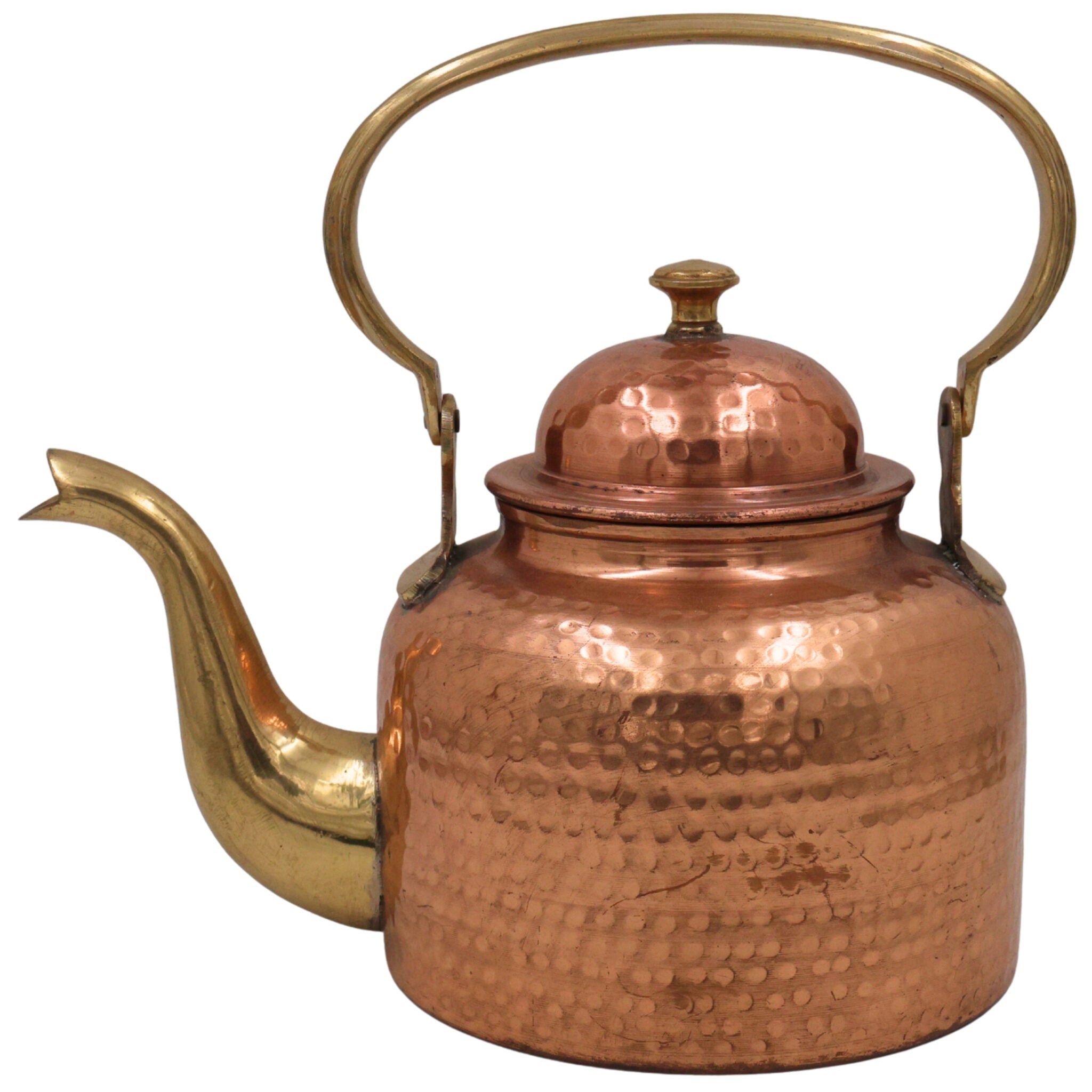 Brass Handmade & Copper Peetal Tamra Kettle, Traditional Indian Pital Chai Pot, Vintage Tamraloha Tea Kettle for Home Temple Décor, Gold, 10 Inch, 1 Piece