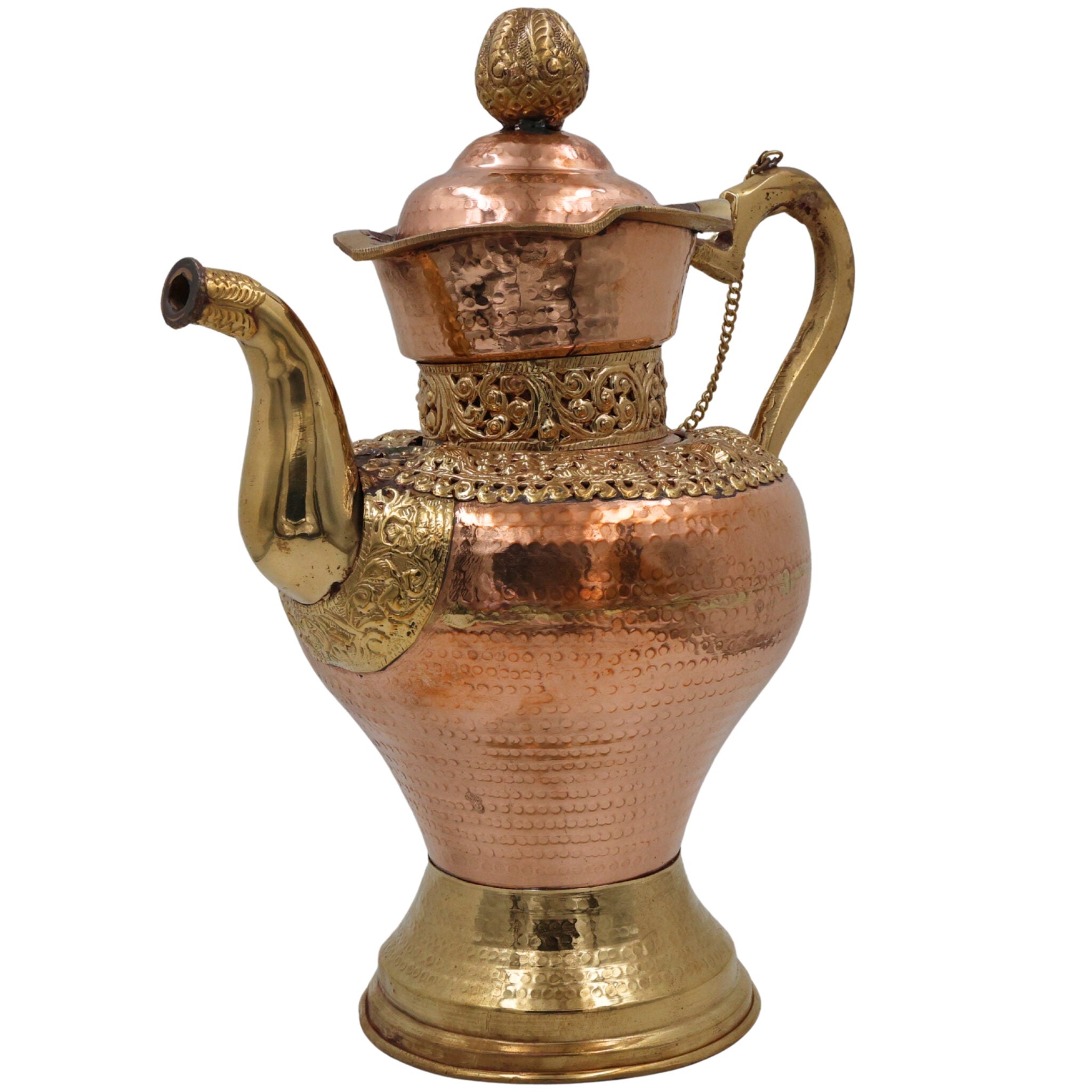 Brass Handmade Peetal Pital Kettle, Traditional Tambra Pittal Chai Pot, Decorative Vintage Indian Tea Vessel for Home Décor & Gifts, Gold, 14 Inch, 1 Piece