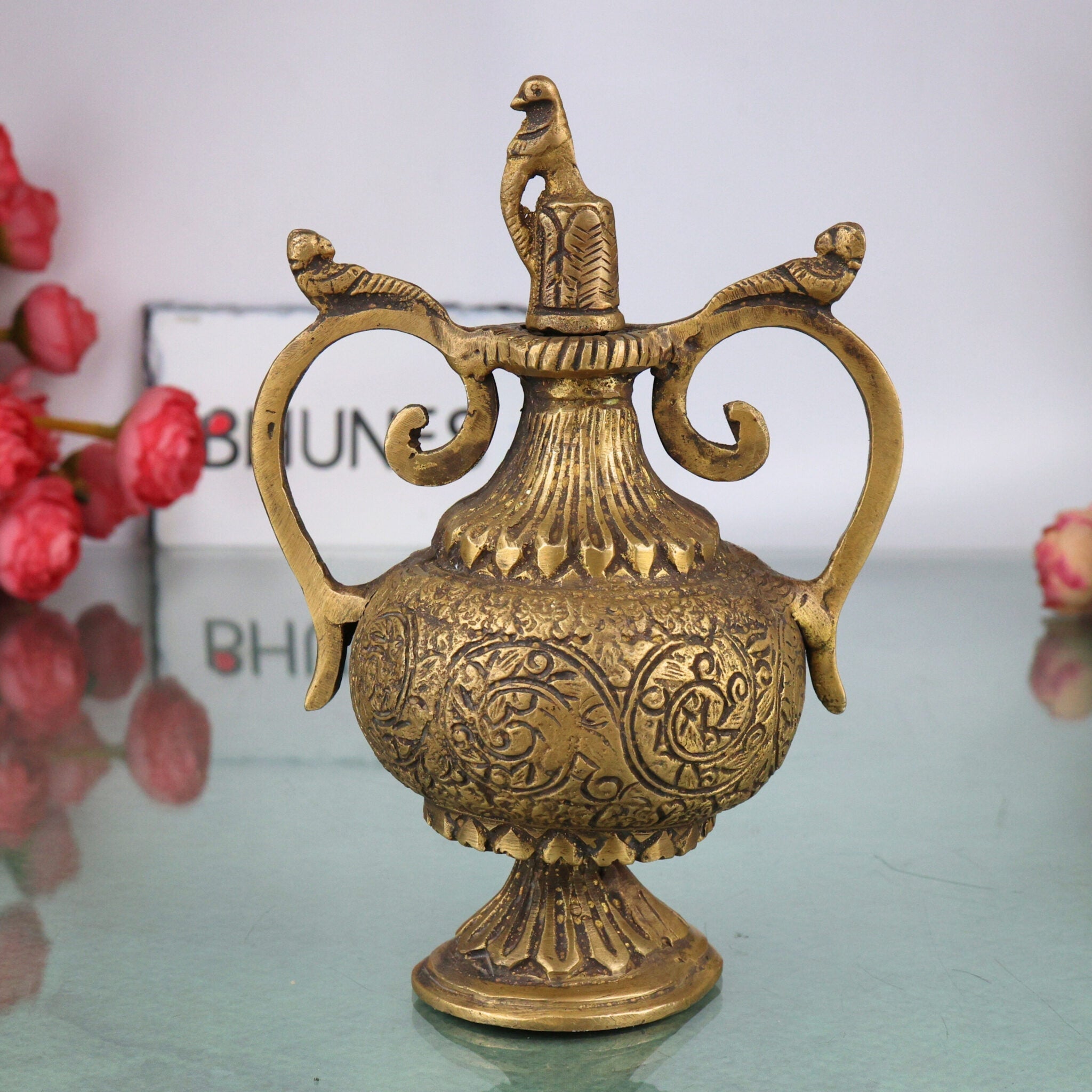 Brass Ink pot, Peetal Pital Kalam Daani Masi Daani, Handmade Vintage Writing Ink Well, Indian Handicraft Puja Decor Gift, Gold, 6 Inch, 1 Piece