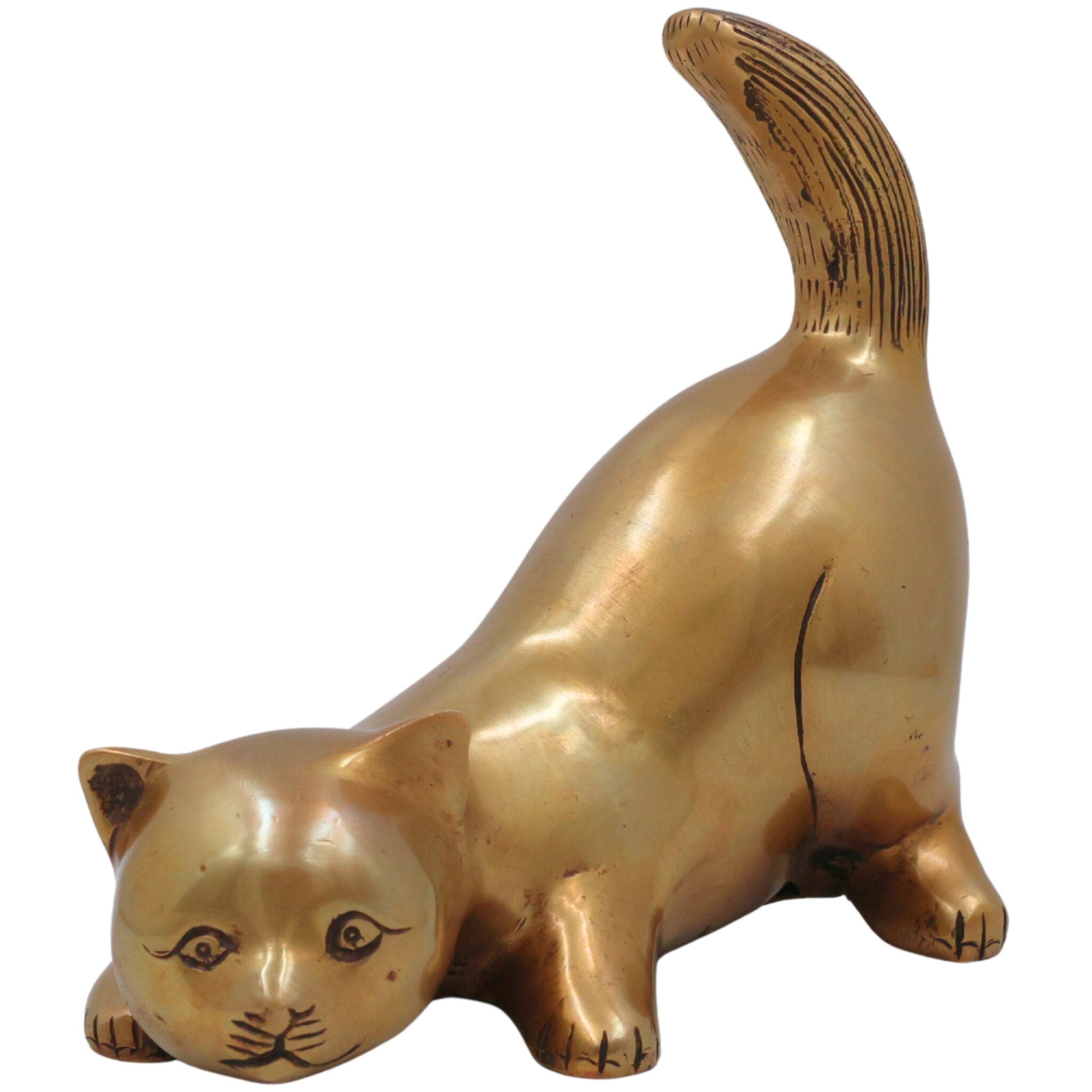 Brass Handcrafted Cat Idol, Peetal Billi Statue, Pital Poonai Figurine, Marjari Murti, Pittal Bekku, Gold, 7 Inch, 1 Piece