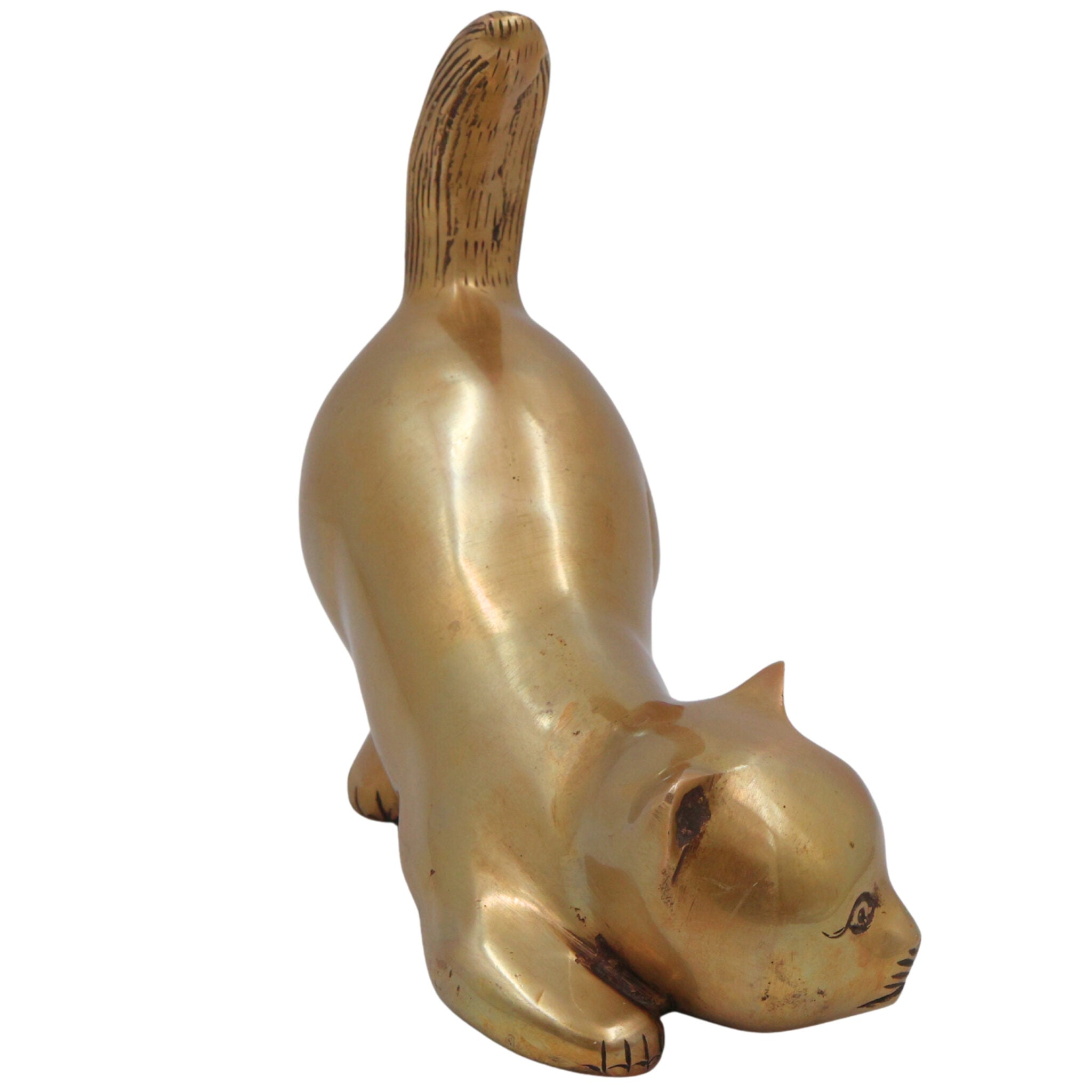 Brass Handcrafted Cat Idol, Peetal Billi Statue, Pital Poonai Figurine, Marjari Murti, Pittal Bekku, Gold, 7 Inch, 1 Piece
