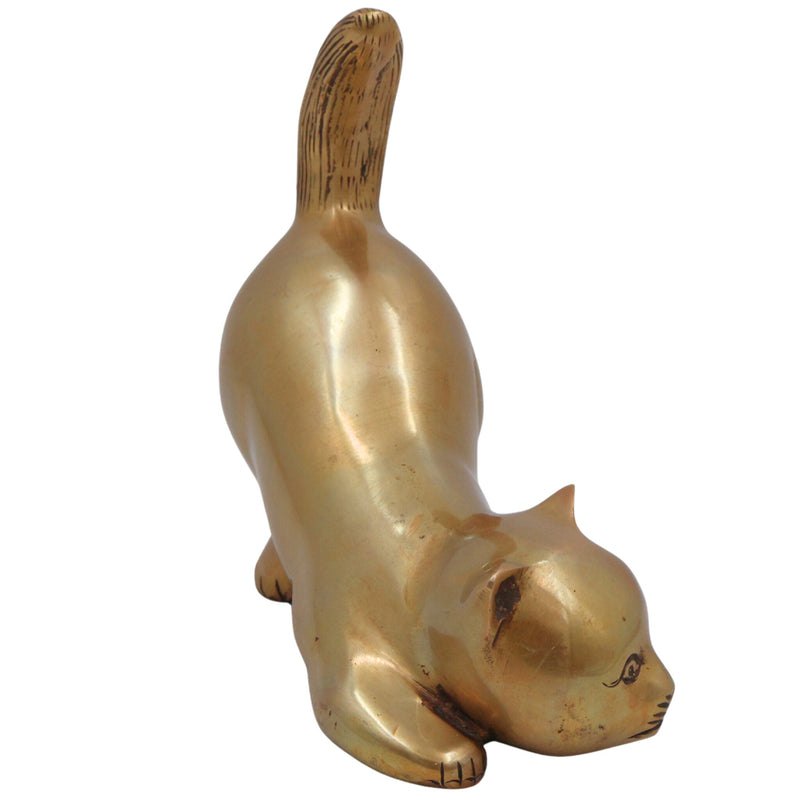 Brass Handcrafted Cat Idol, Peetal Billi Statue, Pital Poonai Figurine, Marjari Murti, Pittal Bekku, Gold, 7 Inch, 1 Piece