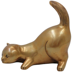 Brass Handcrafted Cat Idol, Peetal Billi Statue, Pital Poonai Figurine, Marjari Murti, Pittal Bekku, Gold, 7 Inch, 1 Piece