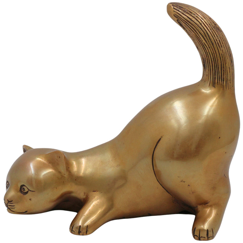 Brass Handcrafted Cat Idol, Peetal Billi Statue, Pital Poonai Figurine, Marjari Murti, Pittal Bekku, Gold, 7 Inch, 1 Piece