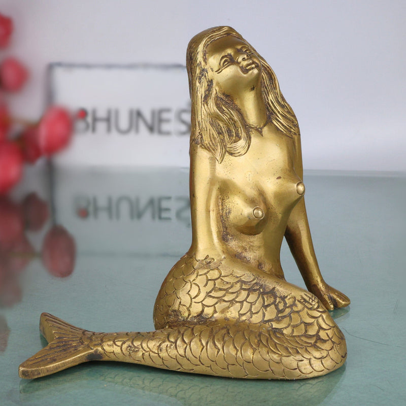 Brass Jalpari Idol | Jal Kanya Statue | Samudra Kanya Figurine | Jal Sundari Sculpture | Peetal Mermaid Decor, Gold, 6 Inch, 1 Piece