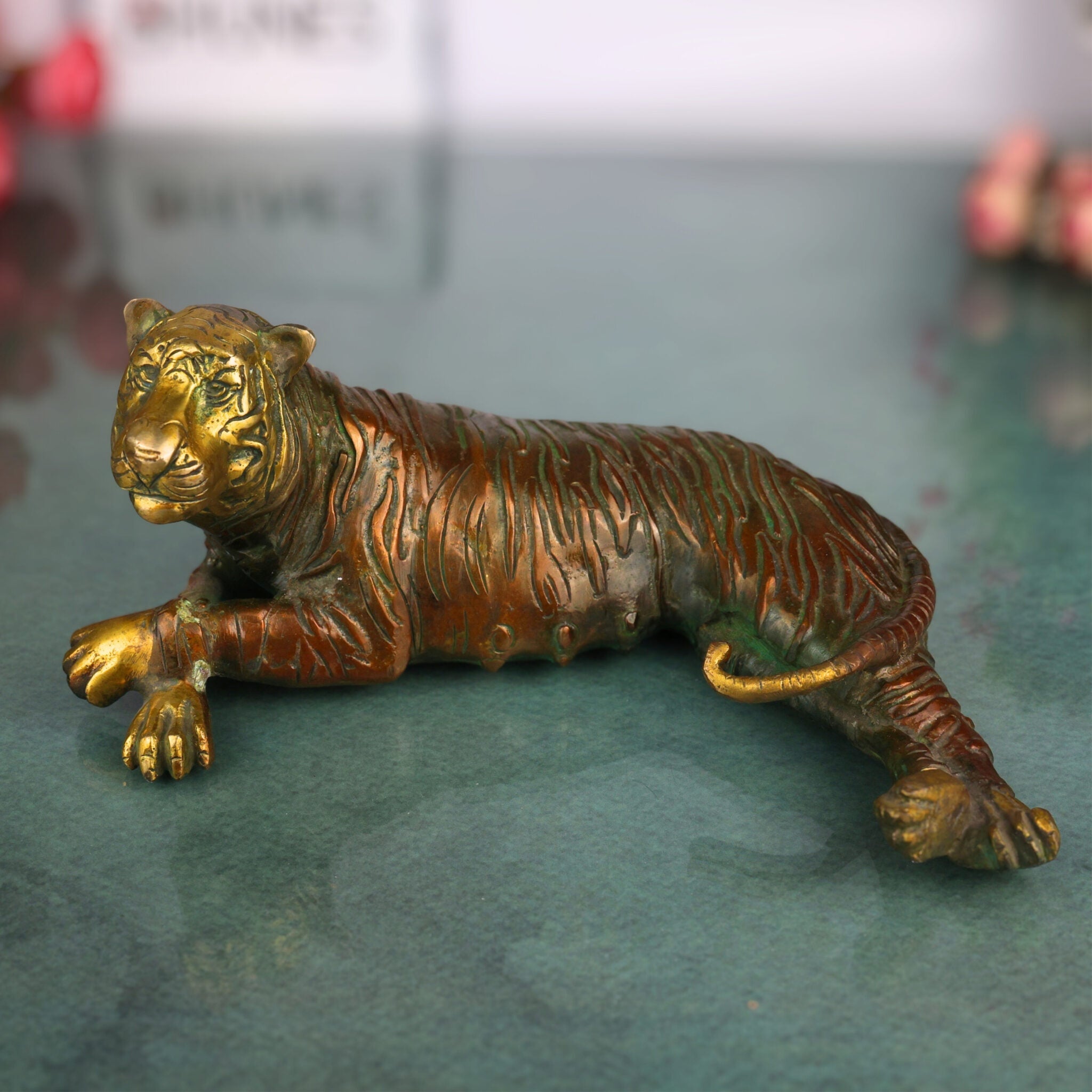 Brass Tigress Sculpture, Royal Bengal Tigress Idol, Panthera Tigress Murti, Peetal Jungle King Statue, Vyaghra Figurine , Gold, 4 Inch, 1 Piece