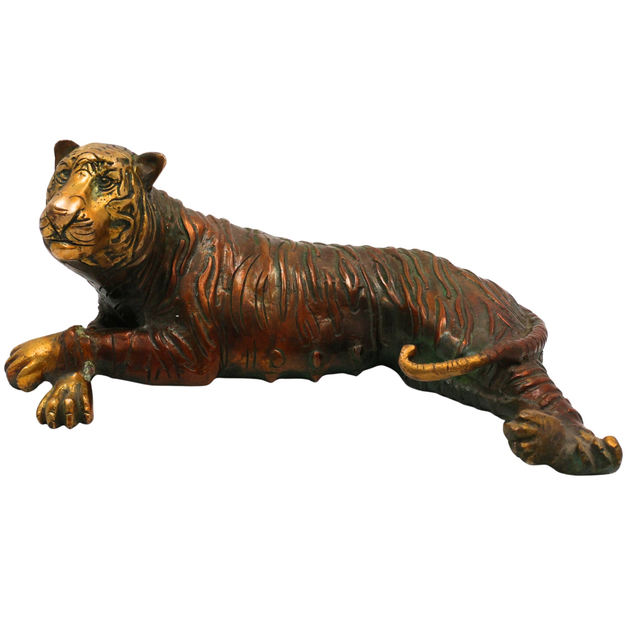 Brass Tigress Sculpture, Royal Bengal Tigress Idol, Panthera Tigress Murti, Peetal Jungle King Statue, Vyaghra Figurine , Gold, 4 Inch, 1 Piece