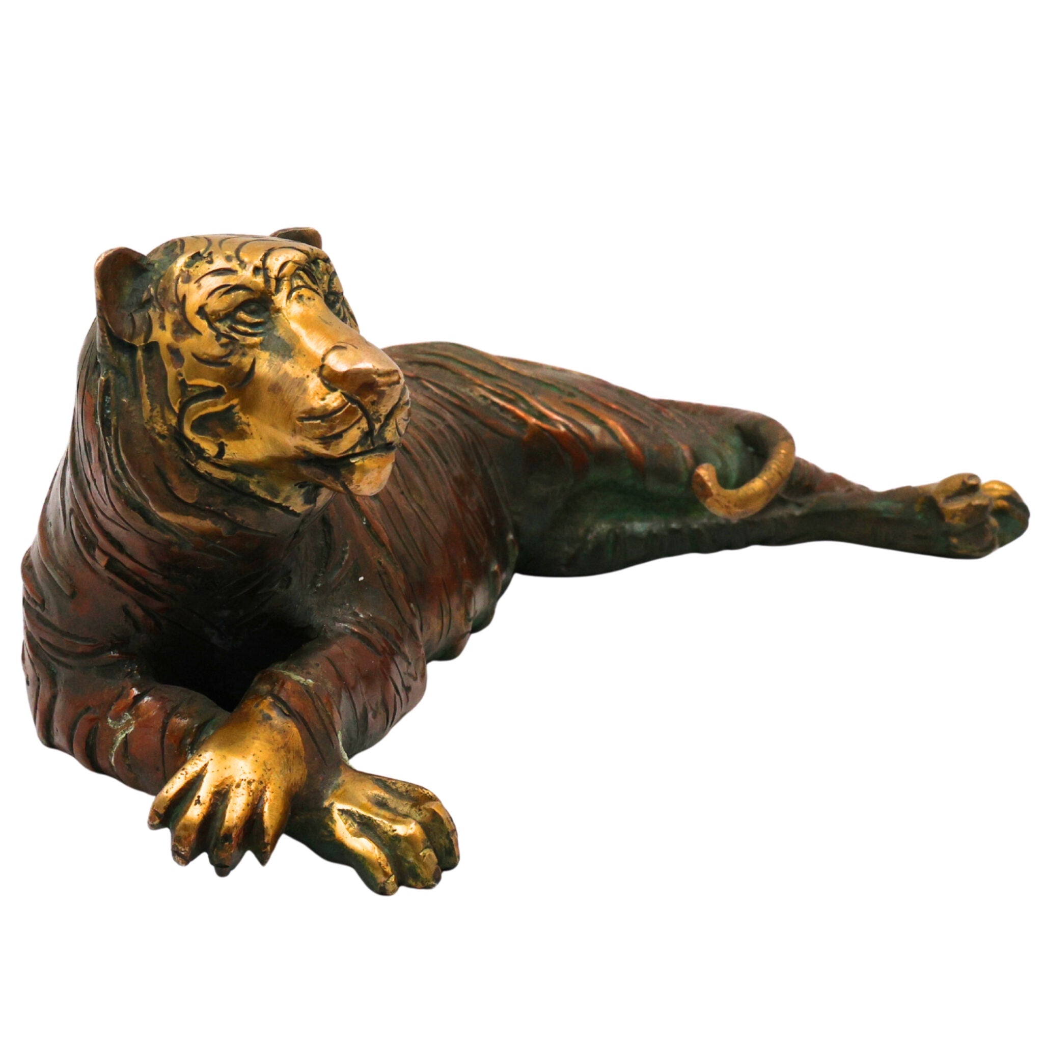 Brass Tigress Sculpture, Royal Bengal Tigress Idol, Panthera Tigress Murti, Peetal Jungle King Statue, Vyaghra Figurine , Gold, 4 Inch, 1 Piece