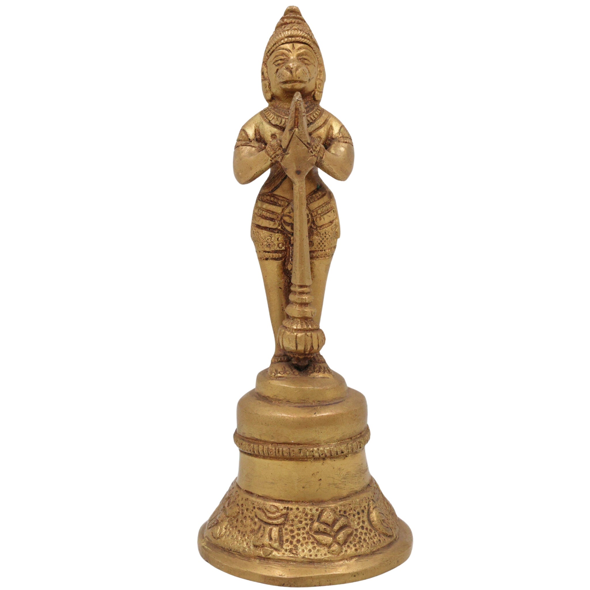 Brass Hanuman Bell, Ghanti, Anjenaya gante for Pooja, Aarti & Home Decor, Gold, 7 Inch, 1 Piece