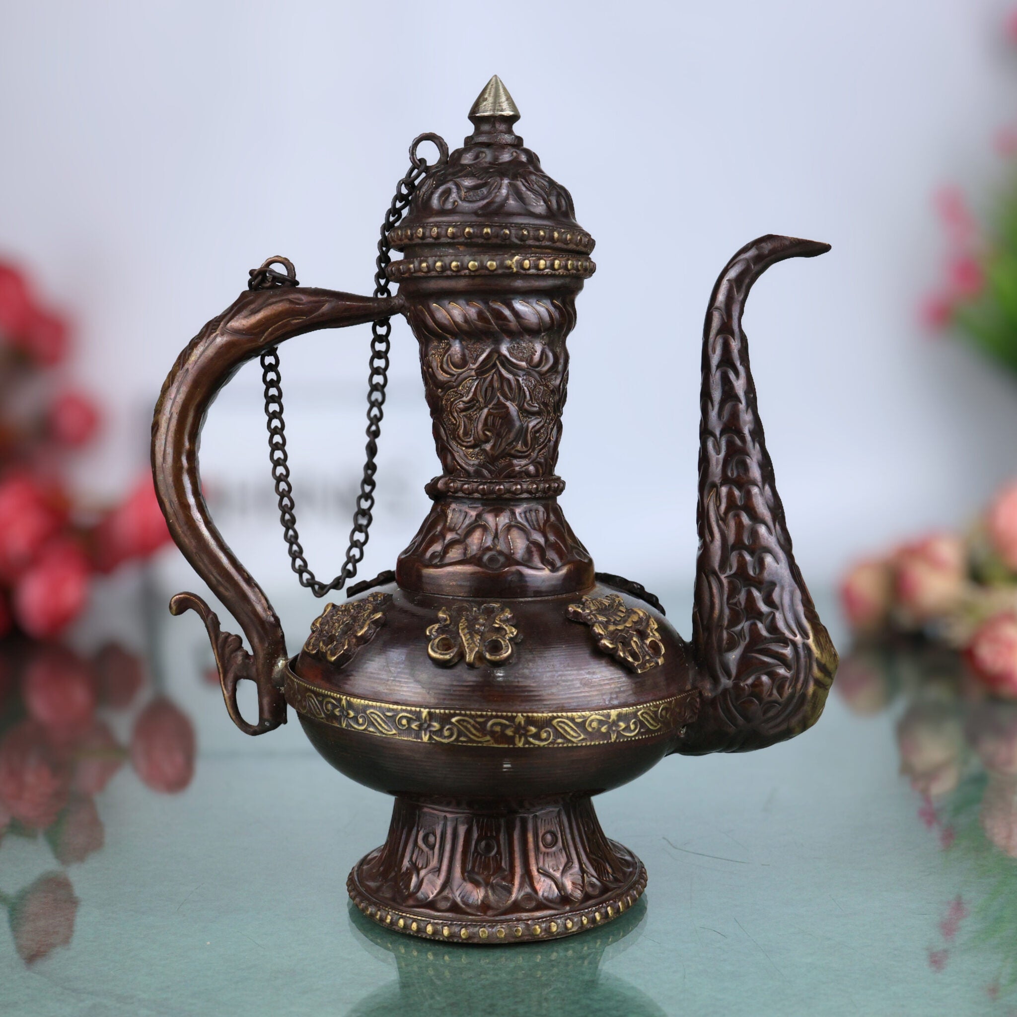 Brass Handcrafted Kettle, Peetal Pitala Kettle,Vintage Pittal Chai Pot Tambra Kettle,Traditional Brass Tea Pot, Ethnic Indian Peetal Kettle Decor, Brown, 8 Inch, 1 Piece