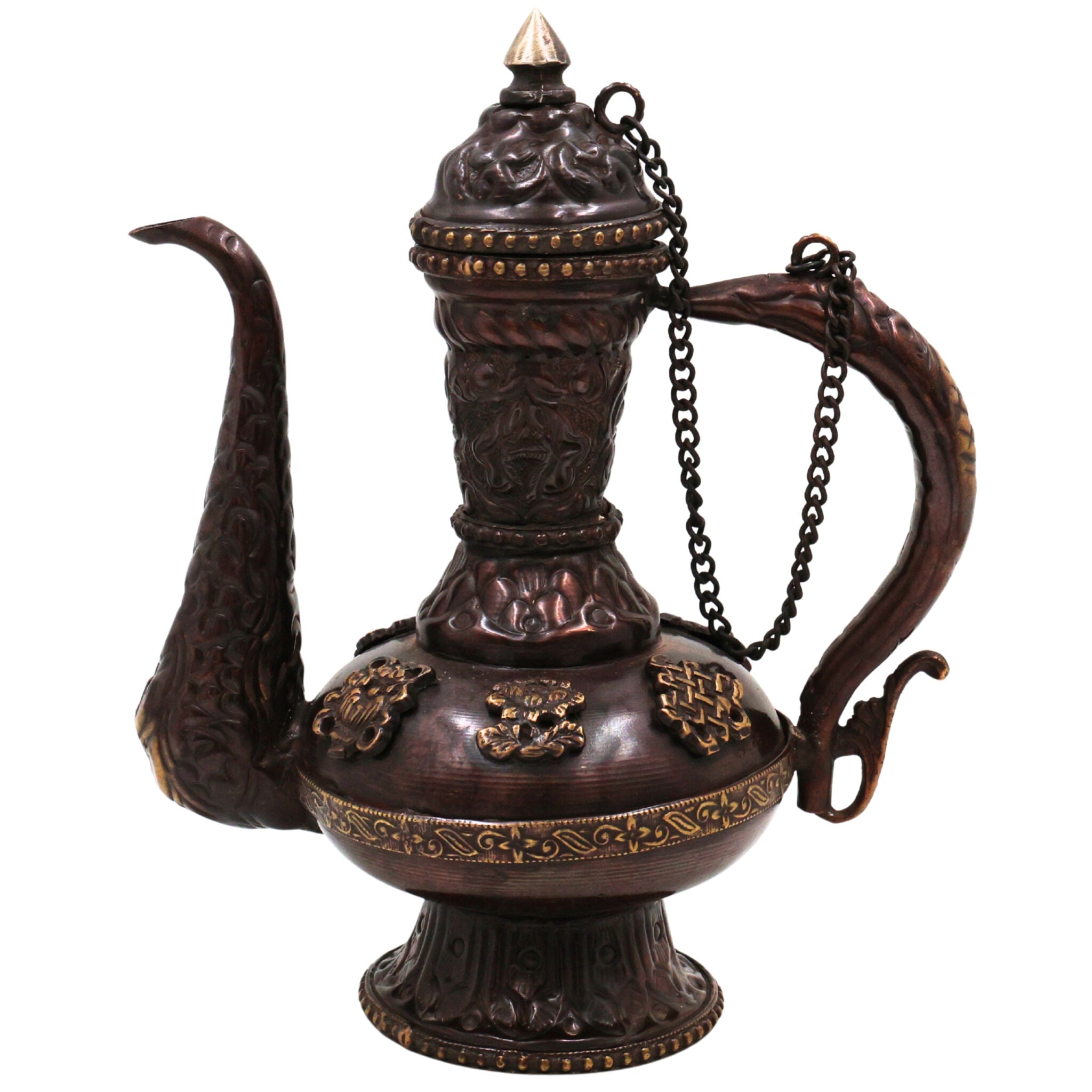 Brass Handcrafted Kettle, Peetal Pitala Kettle,Vintage Pittal Chai Pot Tambra Kettle,Traditional Brass Tea Pot, Ethnic Indian Peetal Kettle Decor, Brown, 8 Inch, 1 Piece