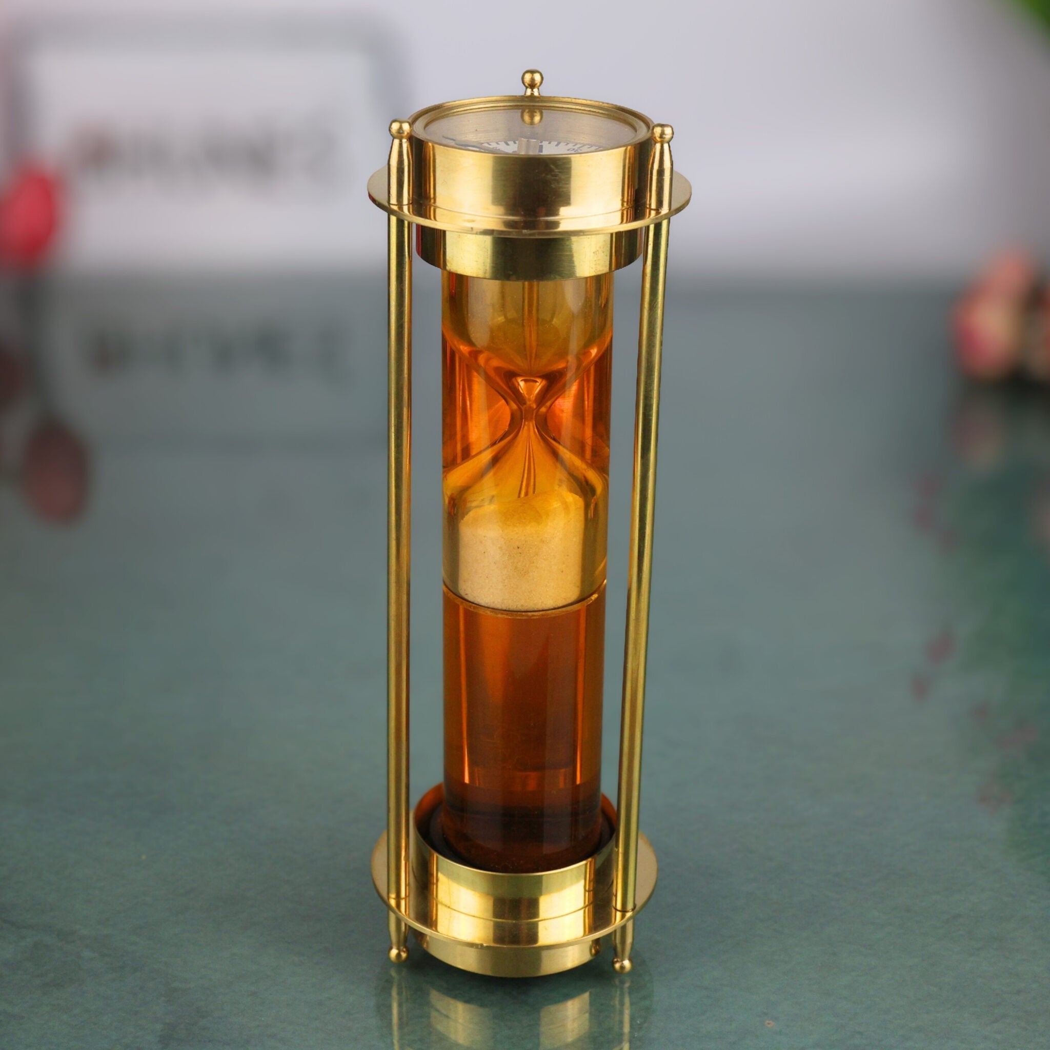 Brass Sand Timer With Compass | Peetal Hourglass | Pittal Decorative Handcrafted Sand Clock, Gold, 7 Inch, 1 Piece