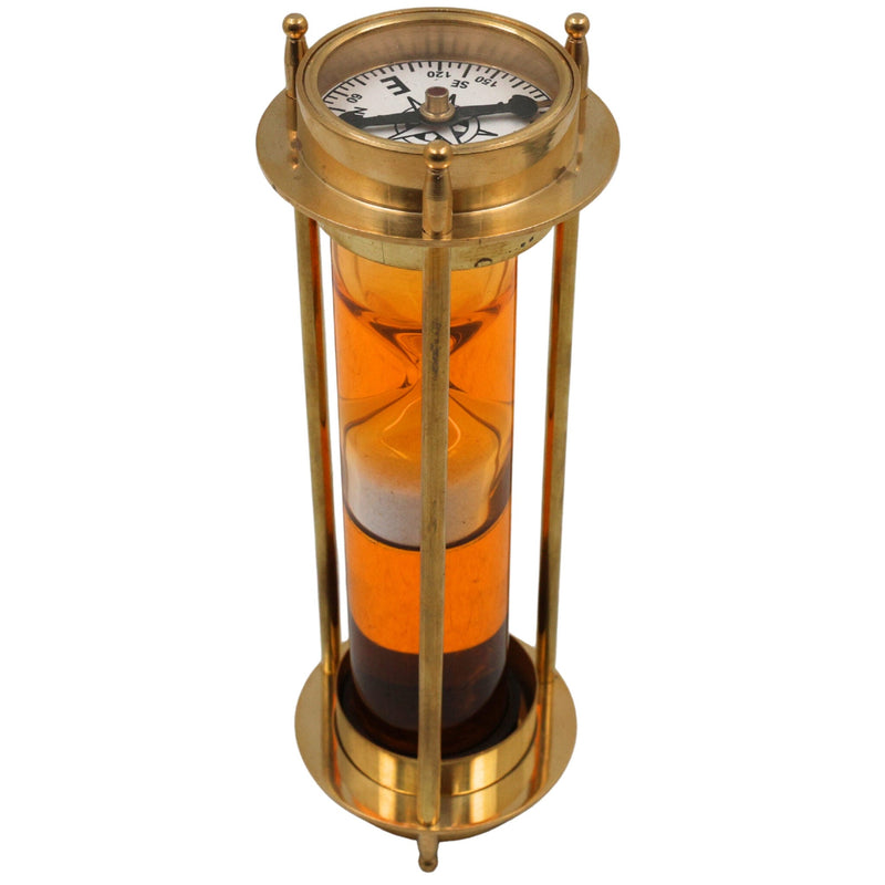 Brass Sand Timer With Compass | Peetal Hourglass | Pittal Decorative Handcrafted Sand Clock, Gold, 7 Inch, 1 Piece