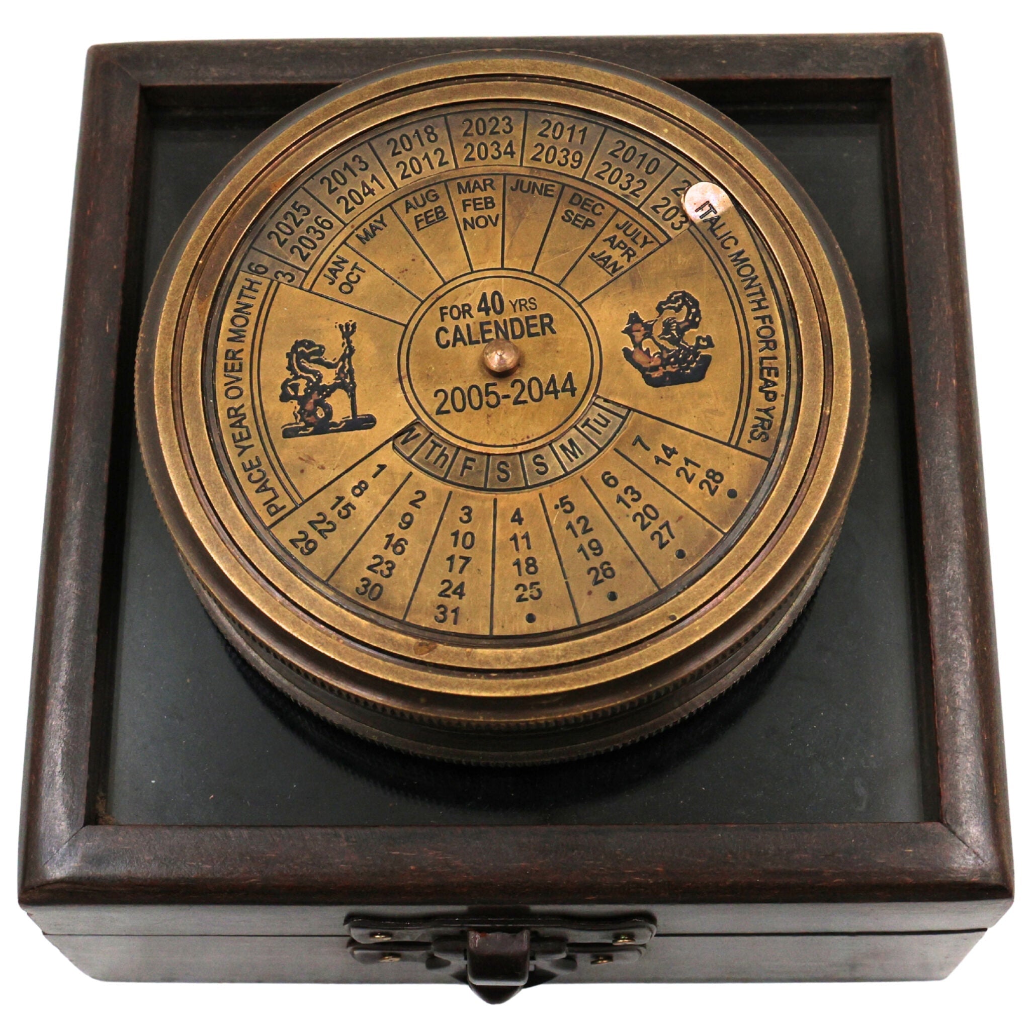 Brass Compass With 40 yrs Calendar And World Timer – Peetal Nautical Sundial, Pocket Perpetual Calendar for Home, Office, Rituals & Collectors, Brown, 2 Inch, 1 Piece