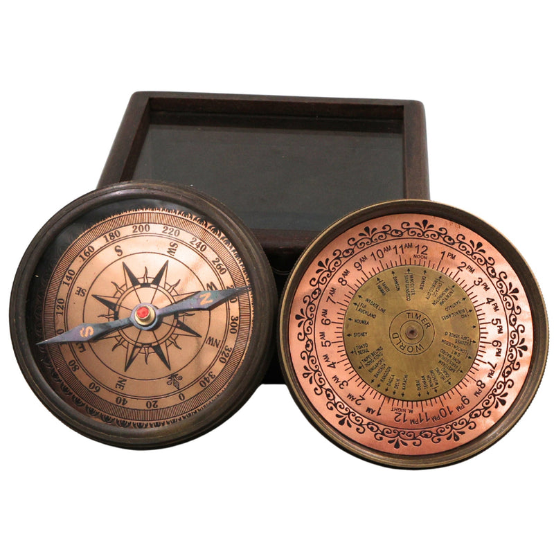 Brass Compass With 40 yrs Calendar And World Timer – Peetal Nautical Sundial, Pocket Perpetual Calendar for Home, Office, Rituals & Collectors, Brown, 2 Inch, 1 Piece