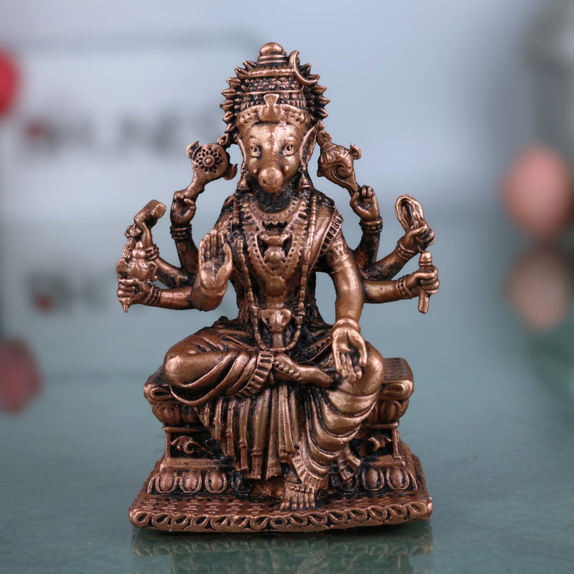 Copper Varahi Amman Idol, Handcrafted Tamra Varahi Devi Murti for Pooja, Home Decor & Spiritual Gifting, Gold, 3 Inch, 1 Piece