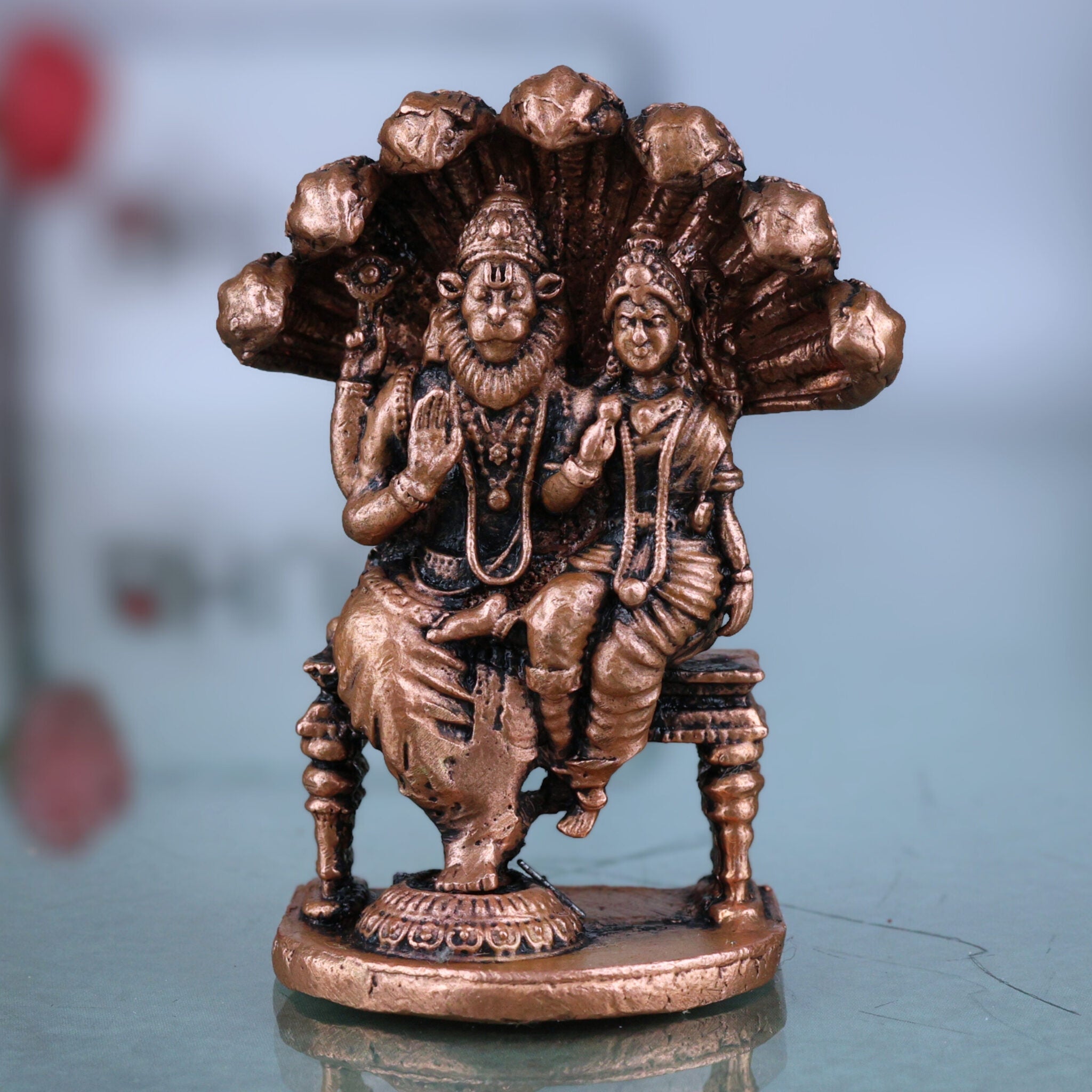 Copper Lakshmi Narasimha Idol, Tamra Narasimha Lakshmi Murti, Handcrafted Mahalakshmi Narasimha Statue for Pooja, Temple & Home Decor, Brown, 2.5 Inch, 1 Piece