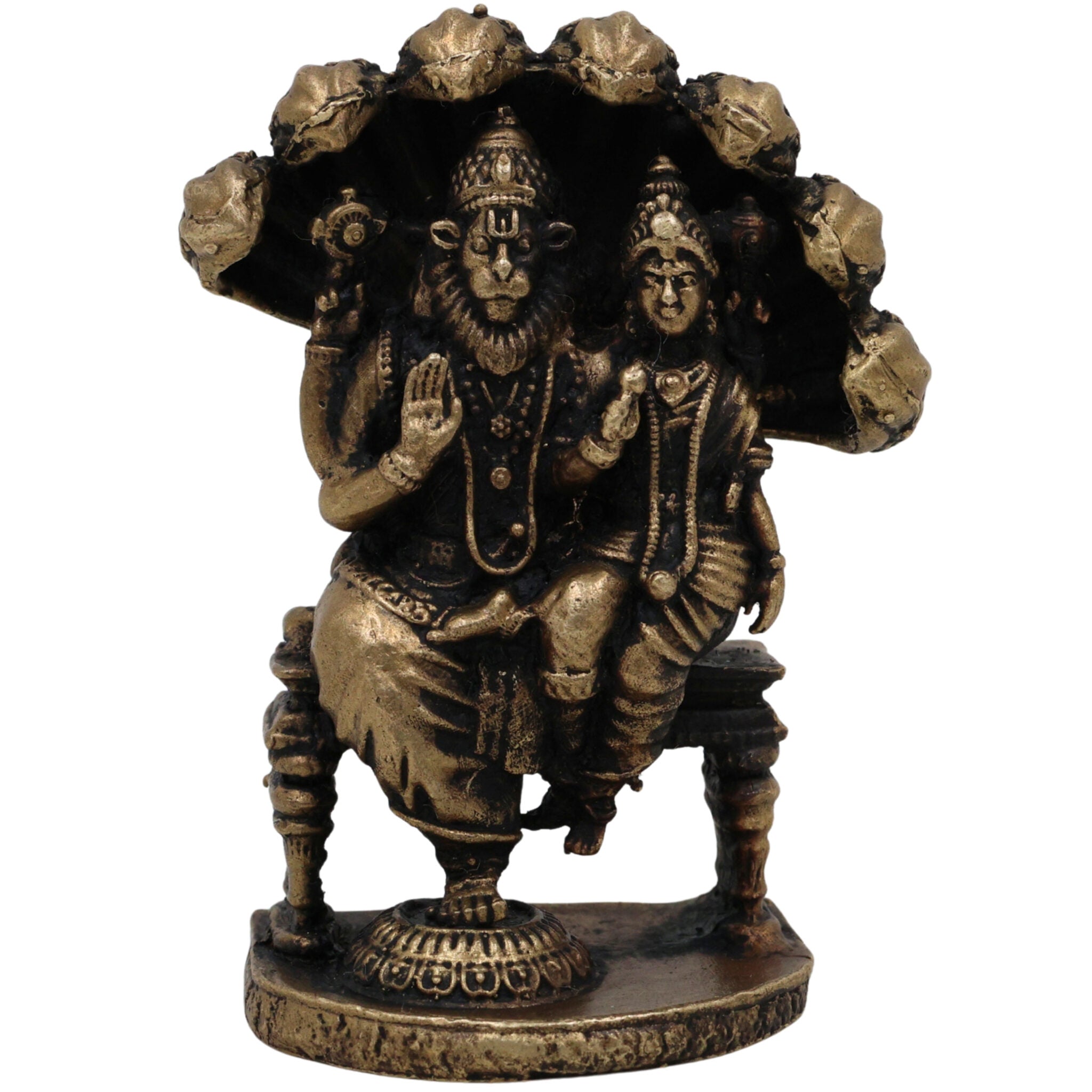 Brass Lakshmi Narasimha Idol, Laxmi Narasimha Murti, Peetal Narasimha Lakshmi Vigraham, Pital Lakshmi Narasimha Statue for Pooja Decor, Gold, 2.5 Inch, 1 Piece
