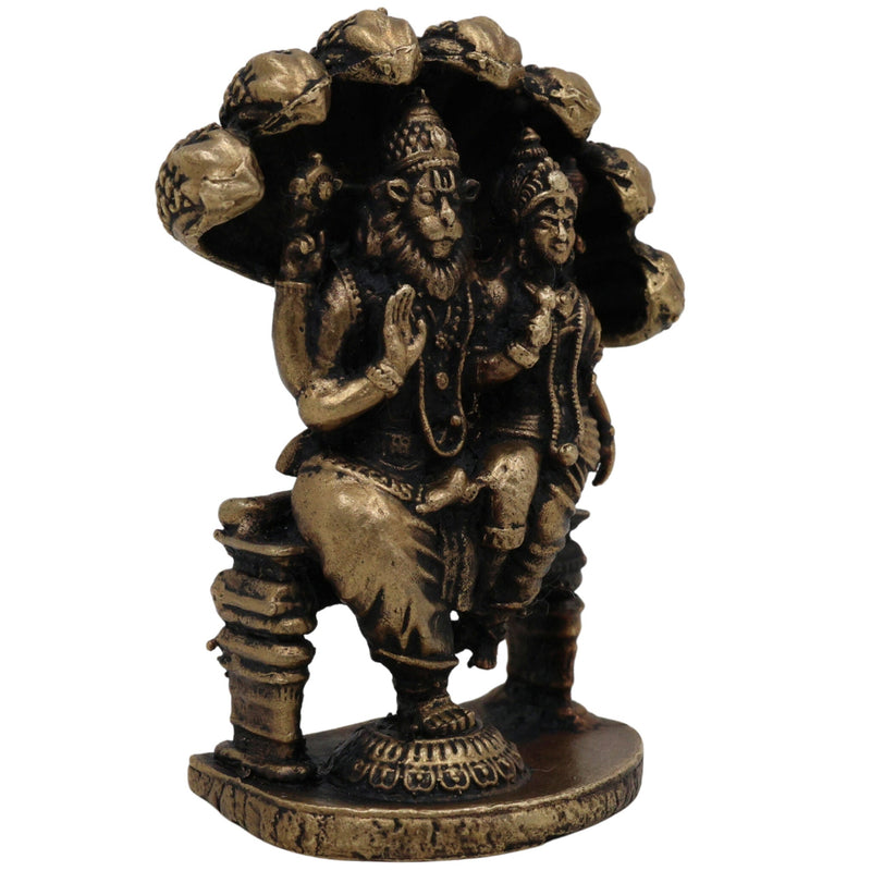 Brass Lakshmi Narasimha Idol, Laxmi Narasimha Murti, Peetal Narasimha Lakshmi Vigraham, Pital Lakshmi Narasimha Statue for Pooja Decor, Gold, 2.5 Inch, 1 Piece