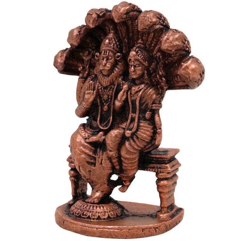 Copper Lakshmi Narasimha Idol, Tamra Narasimha Lakshmi Murti, Handcrafted Mahalakshmi Narasimha Statue for Pooja, Temple & Home Decor, Brown, 2.5 Inch, 1 Piece