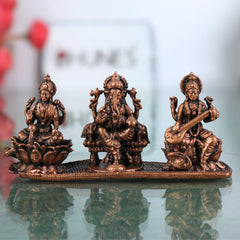 Copper Lakshmi Ganesha Saraswati Idol, Tamra Laxmi Ganpati Saraswathi Murti for Pooja, Home Temple Decor & Gift, Handcrafted Mahalakshmi Vinayaka Saraswati Statue, Brown, 1.5 Inch, 1 Piece