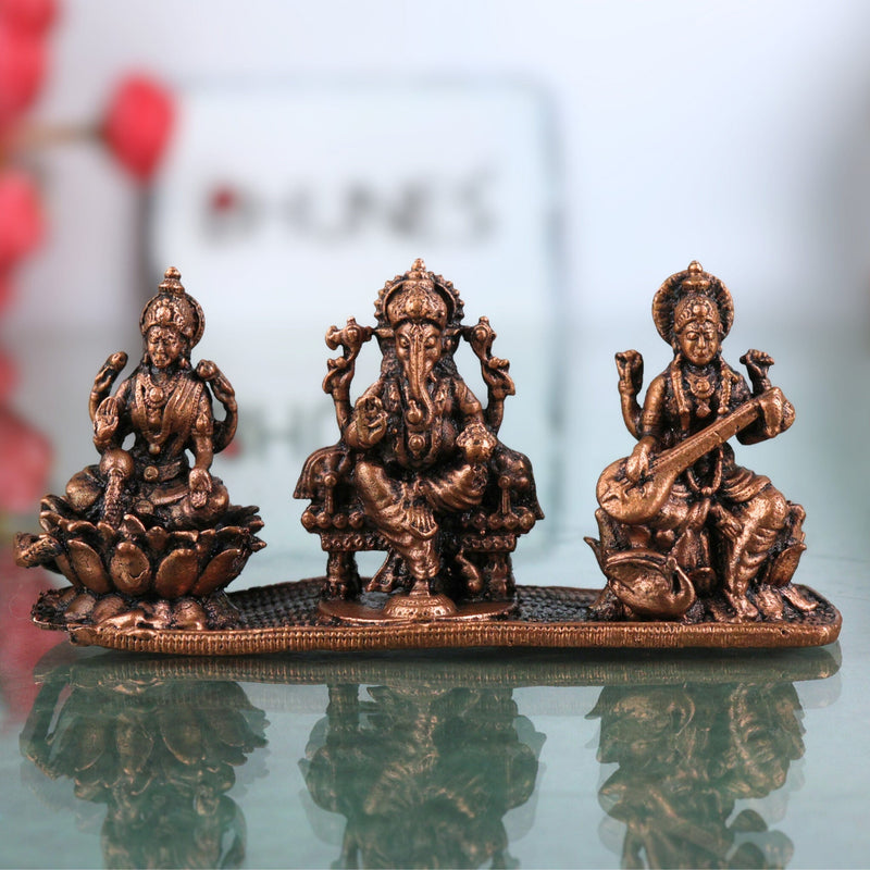 Copper Lakshmi Ganesha Saraswati Idol, Tamra Laxmi Ganpati Saraswathi Murti for Pooja, Home Temple Decor & Gift, Handcrafted Mahalakshmi Vinayaka Saraswati Statue, Brown, 1.5 Inch, 1 Piece