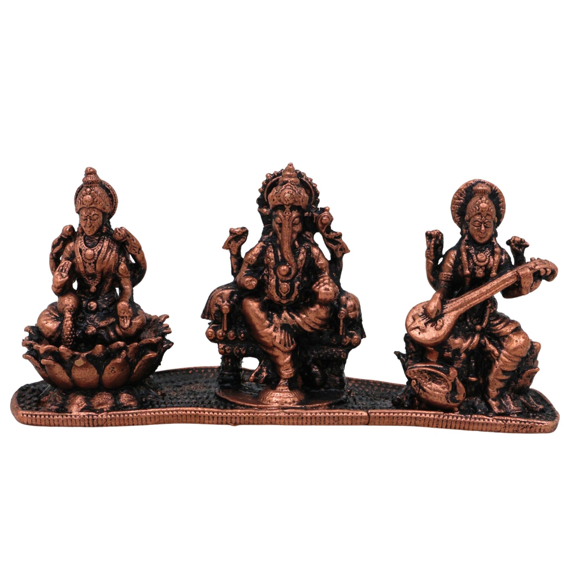 Copper Lakshmi Ganesha Saraswati Idol, Tamra Laxmi Ganpati Saraswathi Murti for Pooja, Home Temple Decor & Gift, Handcrafted Mahalakshmi Vinayaka Saraswati Statue, Brown, 1.5 Inch, 1 Piece