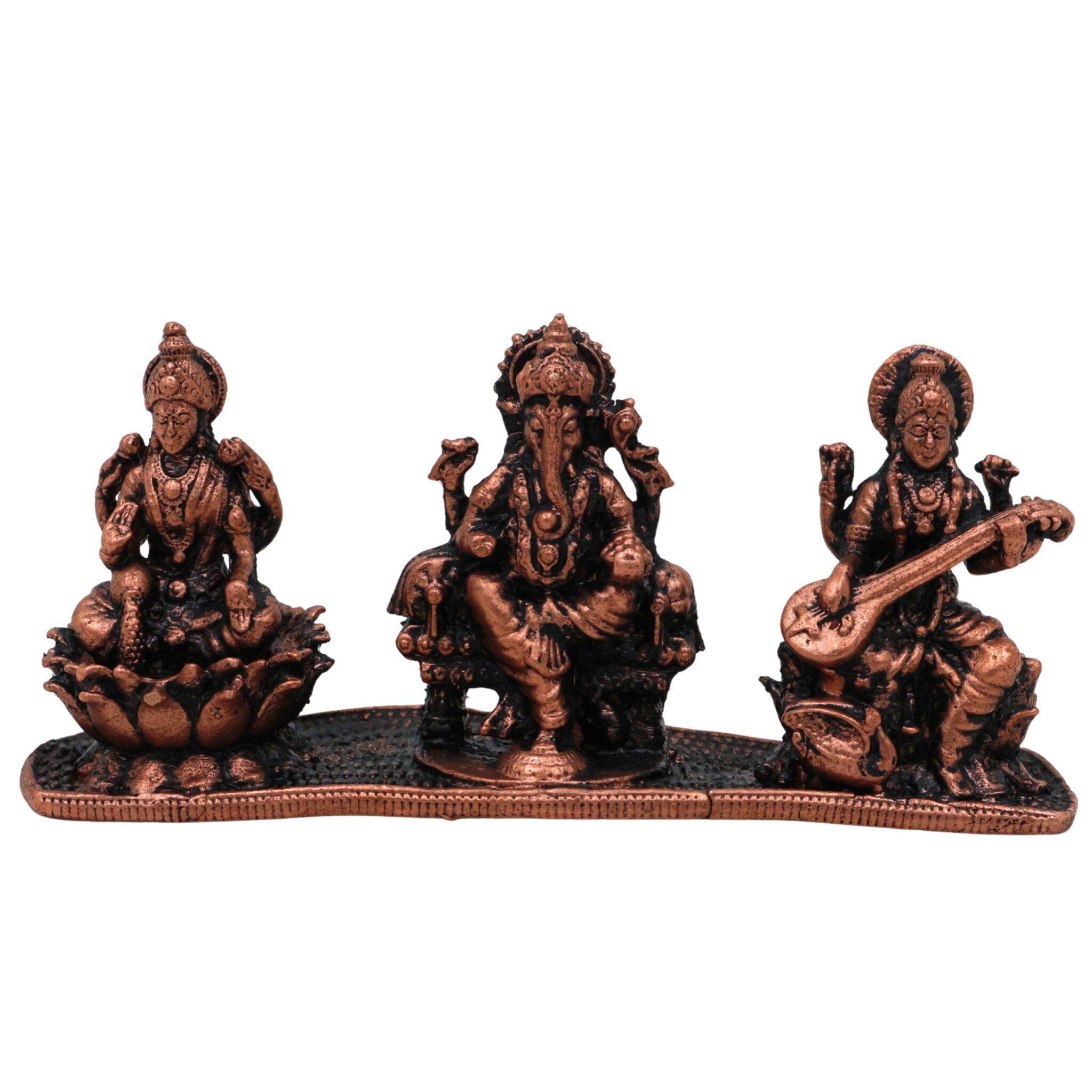 Copper Lakshmi Ganesha Saraswati Idol, Tamra Laxmi Ganpati Saraswathi Murti for Pooja, Home Temple Decor & Gift, Handcrafted Mahalakshmi Vinayaka Saraswati Statue, Brown, 1.5 Inch, 1 Piece