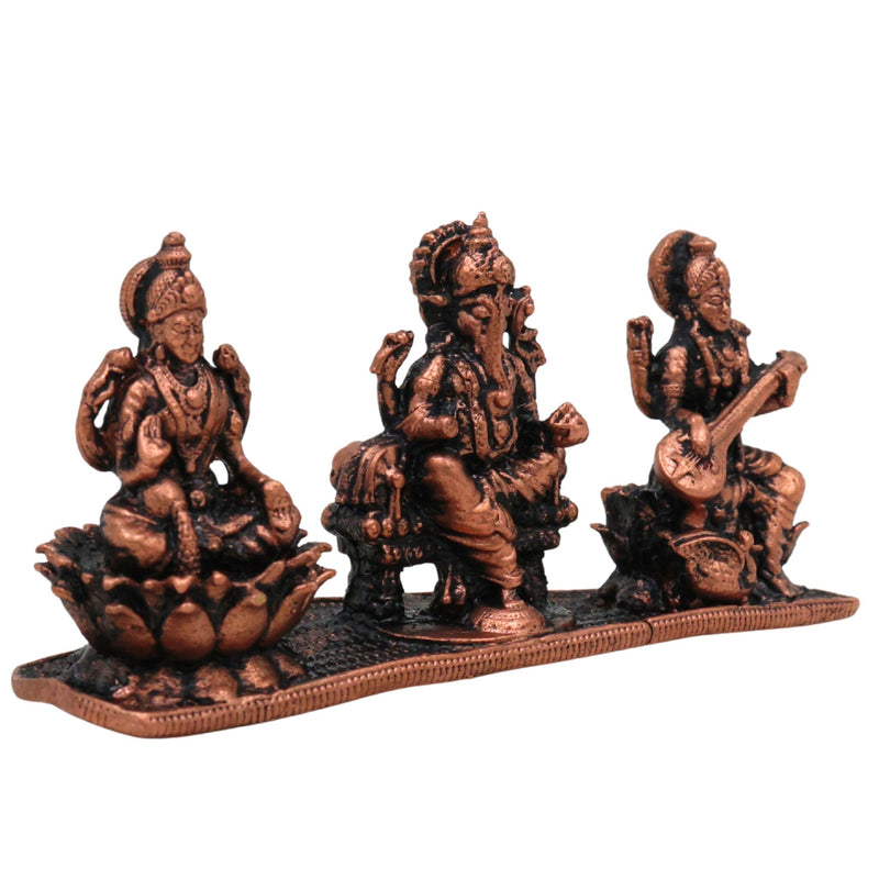 Copper Lakshmi Ganesha Saraswati Idol, Tamra Laxmi Ganpati Saraswathi Murti for Pooja, Home Temple Decor & Gift, Handcrafted Mahalakshmi Vinayaka Saraswati Statue, Brown, 1.5 Inch, 1 Piece