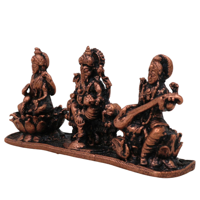 Copper Lakshmi Ganesha Saraswati Idol, Tamra Laxmi Ganpati Saraswathi Murti for Pooja, Home Temple Decor & Gift, Handcrafted Mahalakshmi Vinayaka Saraswati Statue, Brown, 1.5 Inch, 1 Piece