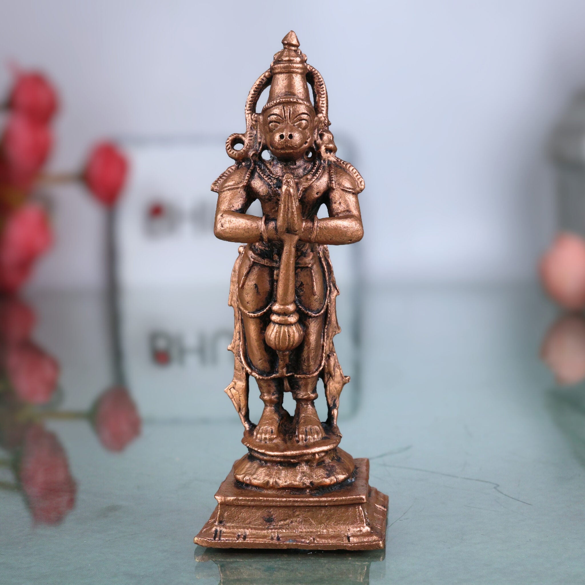 Copper Hanuman Idol,Tamra Anjaneya Murti, Handcrafted Bajrangbali Statue, Pavanputra Mahavira Vigraham, Sankatmochan Maruti Moorti for Pooja, Home Decor, Brown, 3.5 Inch, 1 Piece