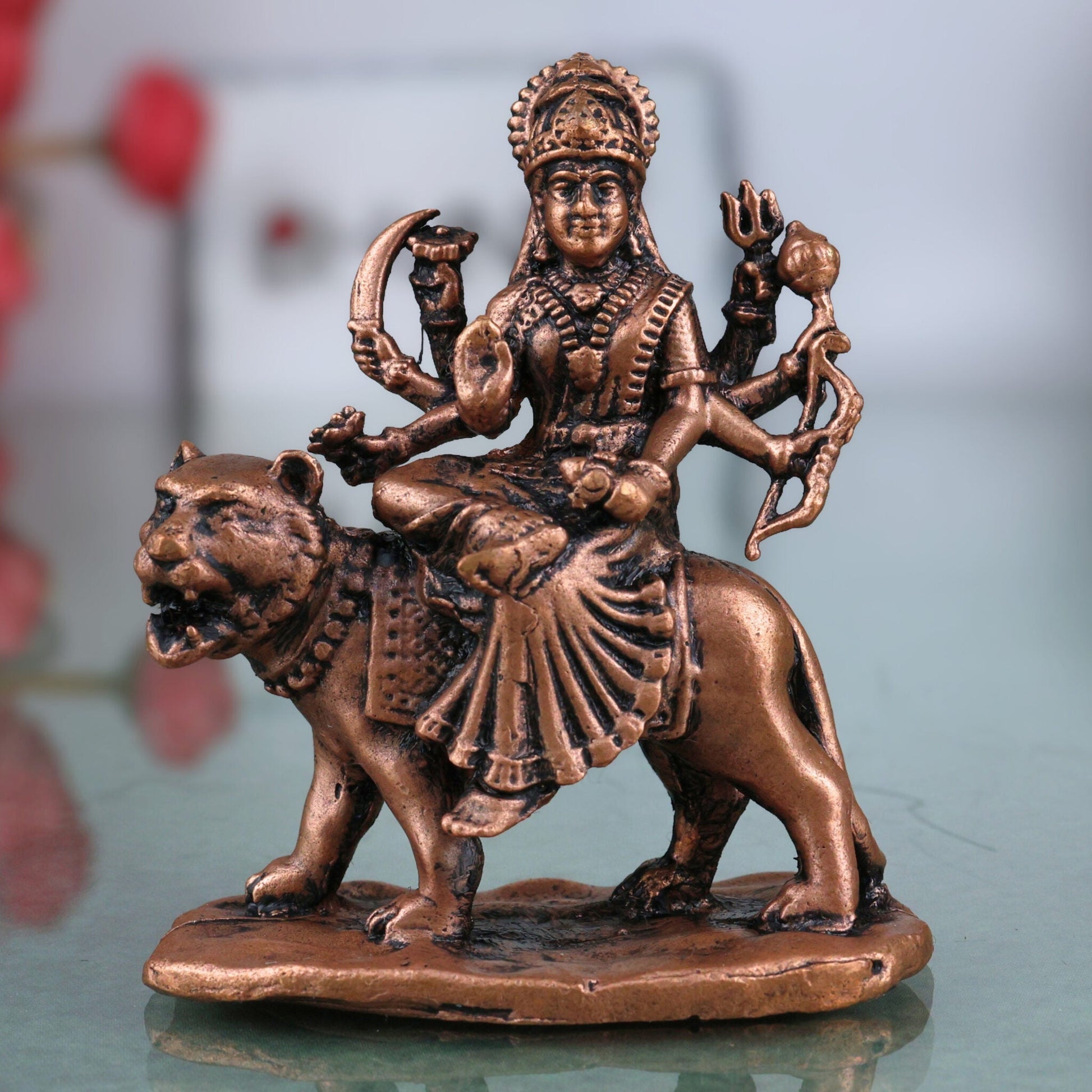 Copper Durga Idol,Tamra Durga Murti, Handcrafted Shakti Devi Statue, Mahishasuramardini Mahadevi Moorti for Pooja & Home Decor, Brown, 2.5 Inch, 1 Piece