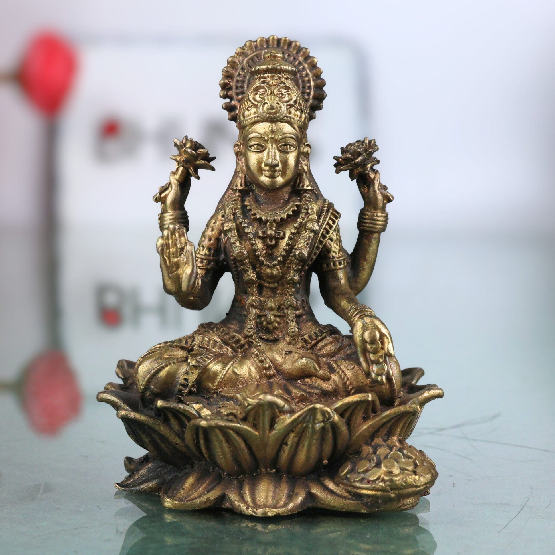 Brass Lakshmi Idol, Handcrafted Mahalakshmi Peetal Murti, Padmavati lakshmi Statue for Pooja & Home Decor, Gold, 2.5 Inch, 1 Piece