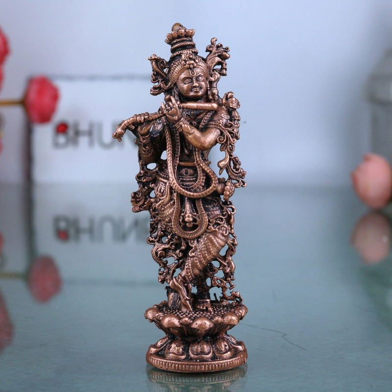 Copper Krishna Idol, Handcrafted Pure Tamra krishna, Madhusudan Murti, Thamira Gopala Vigraham for Pooja, Home Decor & Spiritual Gifts, Brown, 3 Inch, 1 Piece