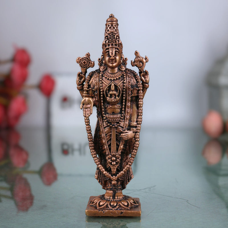 Copper Venkateshwara Balaji Idol,Tamra Tirupati Srinivasa Perumal Murti, Handmade Tirumala Govinda Statue for Pooja, Temple & Home Decor, Brown, 4.5 Inch, 1 Piece