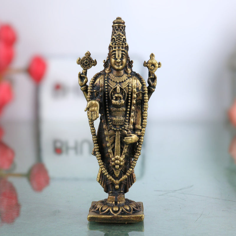 Brass Venkateshwara Balaji Idol,Tirupati Srinivasa Govinda Statue, Handcrafted Venkatachalapathy Perumal Murti,Temple Decor & Pooja Gift, Gold, 3 Inch, 1 Piece