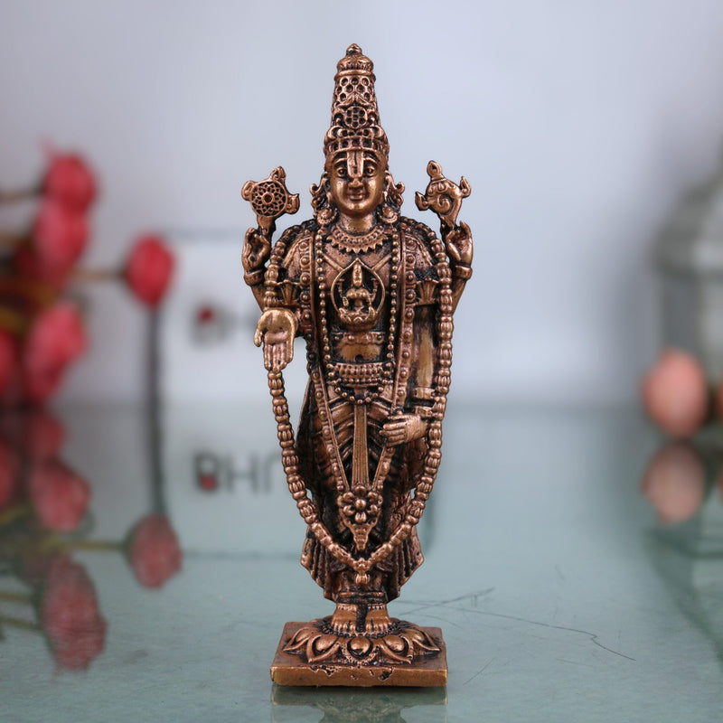 Copper Venkateshwara Balaji Idol, Handmade Tamra Tirupati Govinda Murti, Srinivasa Perumal Statue, Thirumal Venkatachalapathy Pooja Idol for Home Decor & Gifts, Brown, 2.5 Inch, 1 Piece