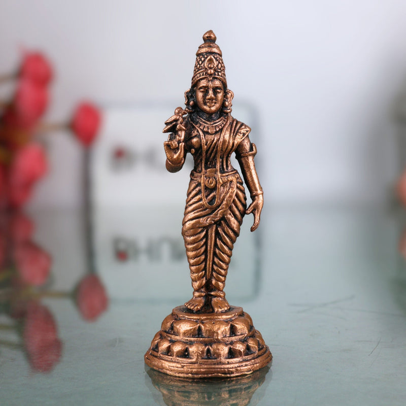 Copper Meenakshi Amman Idol, Handcrafted Tamra Madurai Meenatchi Devi Murti, Meenakshi Parvati Statue for Puja, Temple & Home Decor, Brown, 3 Inch, 1 Piece