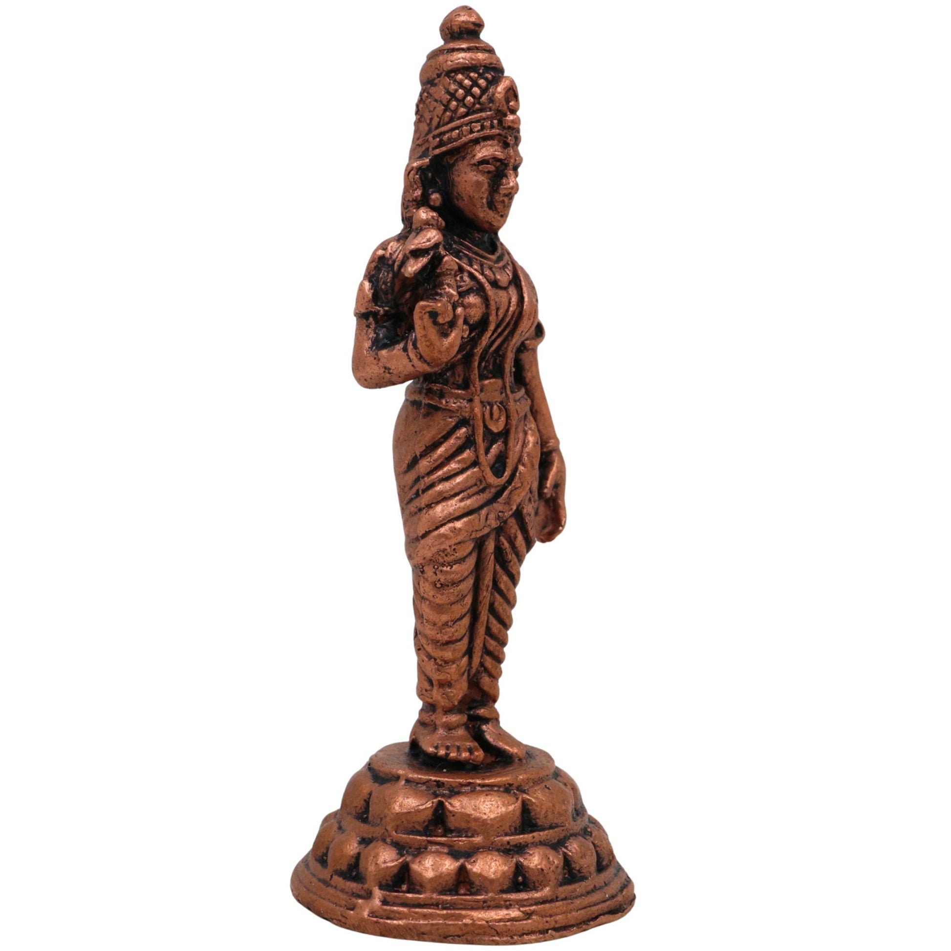 Copper Meenakshi Amman Idol, Handcrafted Tamra Madurai Meenatchi Devi Murti, Meenakshi Parvati Statue for Puja, Temple & Home Decor, Brown, 3 Inch, 1 Piece