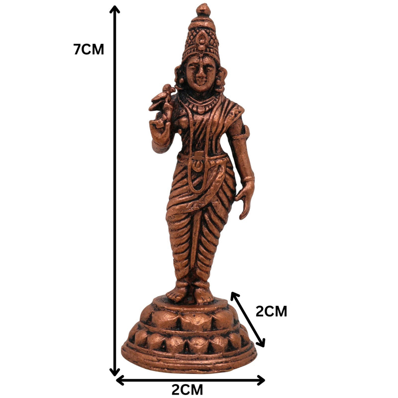 Copper Meenakshi Amman Idol, Handcrafted Tamra Madurai Meenatchi Devi Murti, Meenakshi Parvati Statue for Puja, Temple & Home Decor, Brown, 3 Inch, 1 Piece