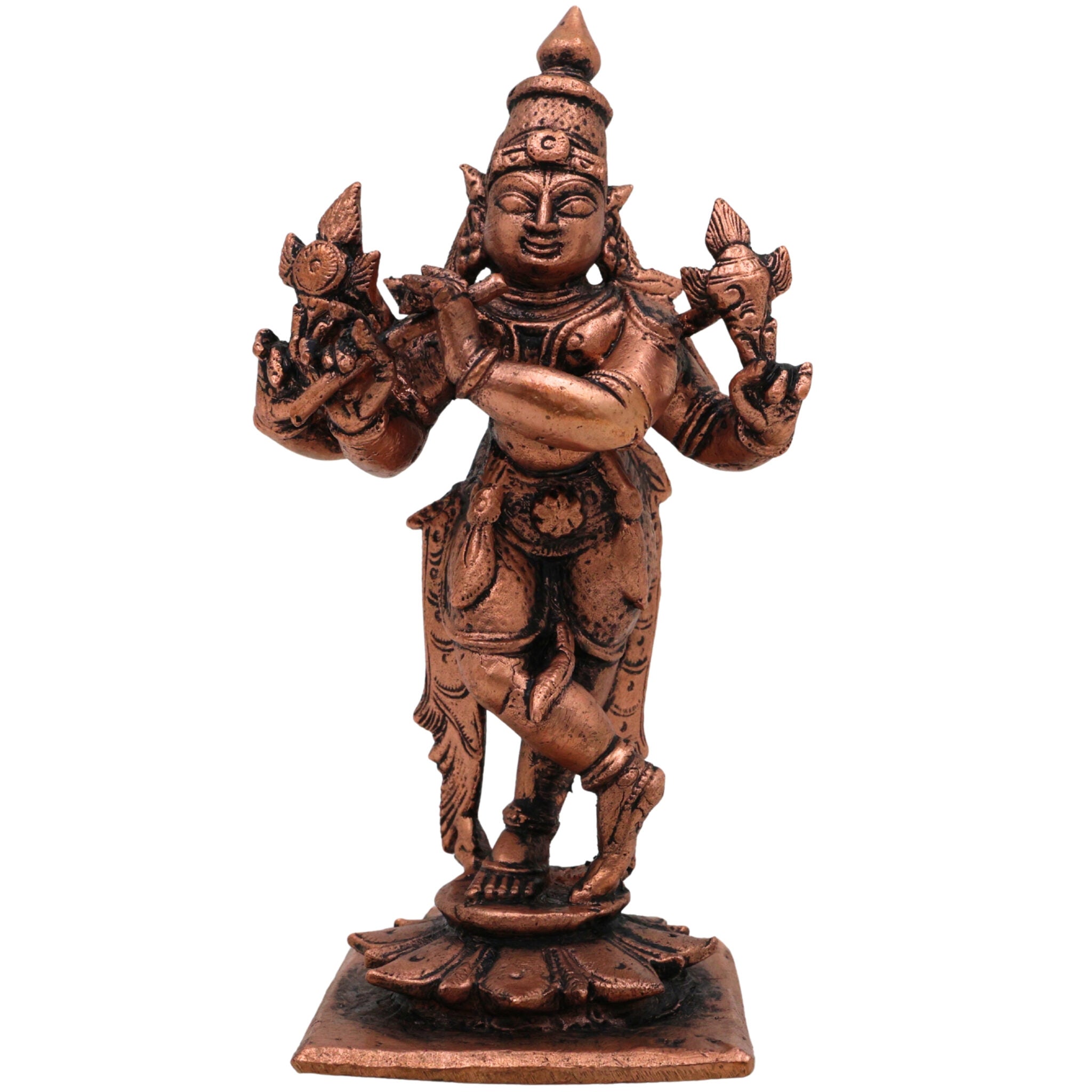 Copper Krishna Idol, Handcrafted Tamra Gopala Murti,Thamira Govinda Statue, Balakrishna Moorti for Puja, Home Decor & Spiritual Gift, Brown, 4 Inch, 1 Piece