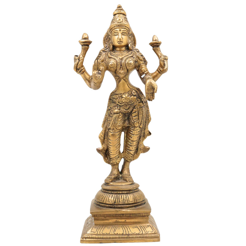 Brass Mahalakshmi Idol | Kamala Padmavati Shri Lakshmi Devi Murti for Pooja, Home Temple & Vastu Decor – Handmade Peetal Sculpture, Gold, 10.5 Inch, 1 Piece