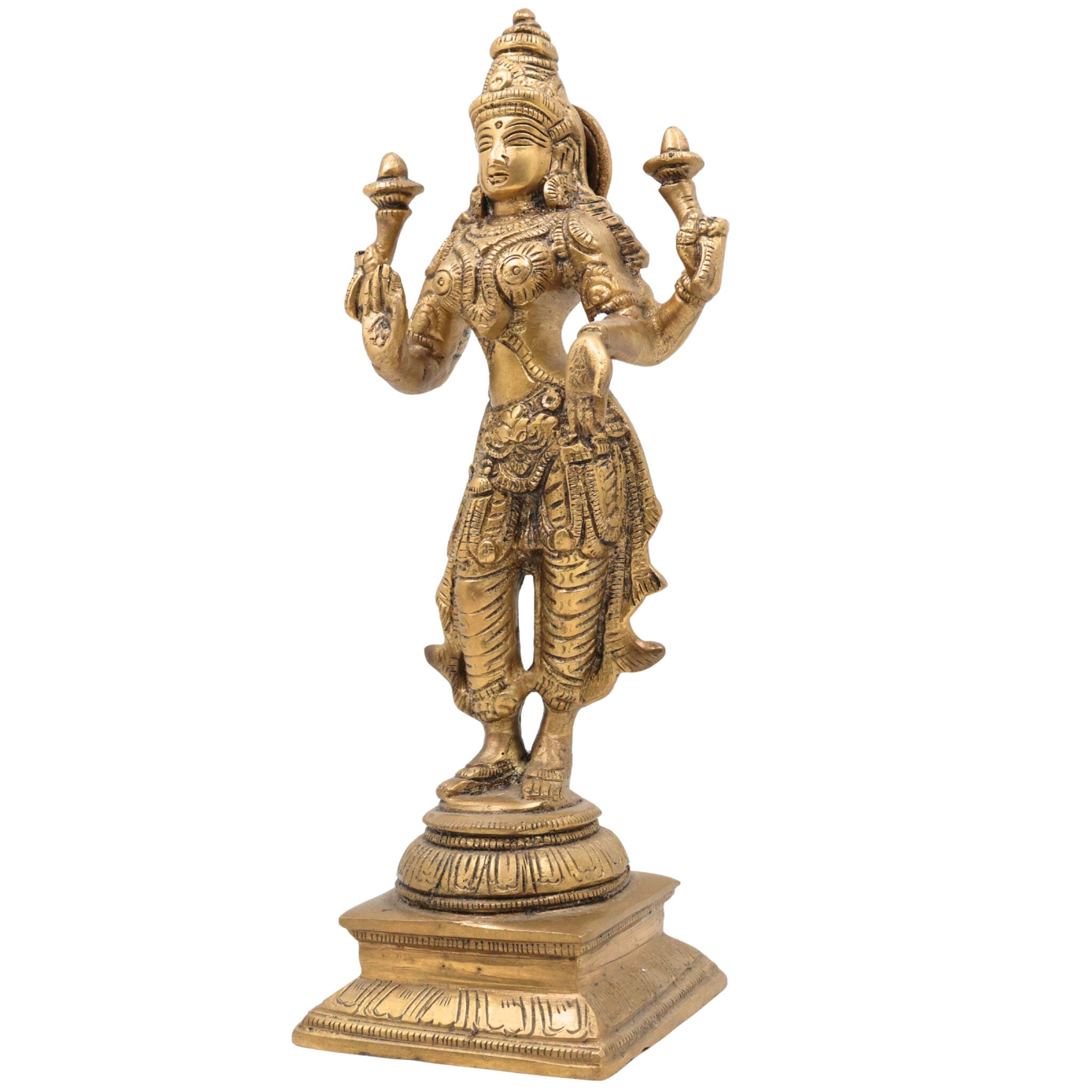 Brass Mahalakshmi Idol | Kamala Padmavati Shri Lakshmi Devi Murti for Pooja, Home Temple & Vastu Decor – Handmade Peetal Sculpture, Gold, 10.5 Inch, 1 Piece