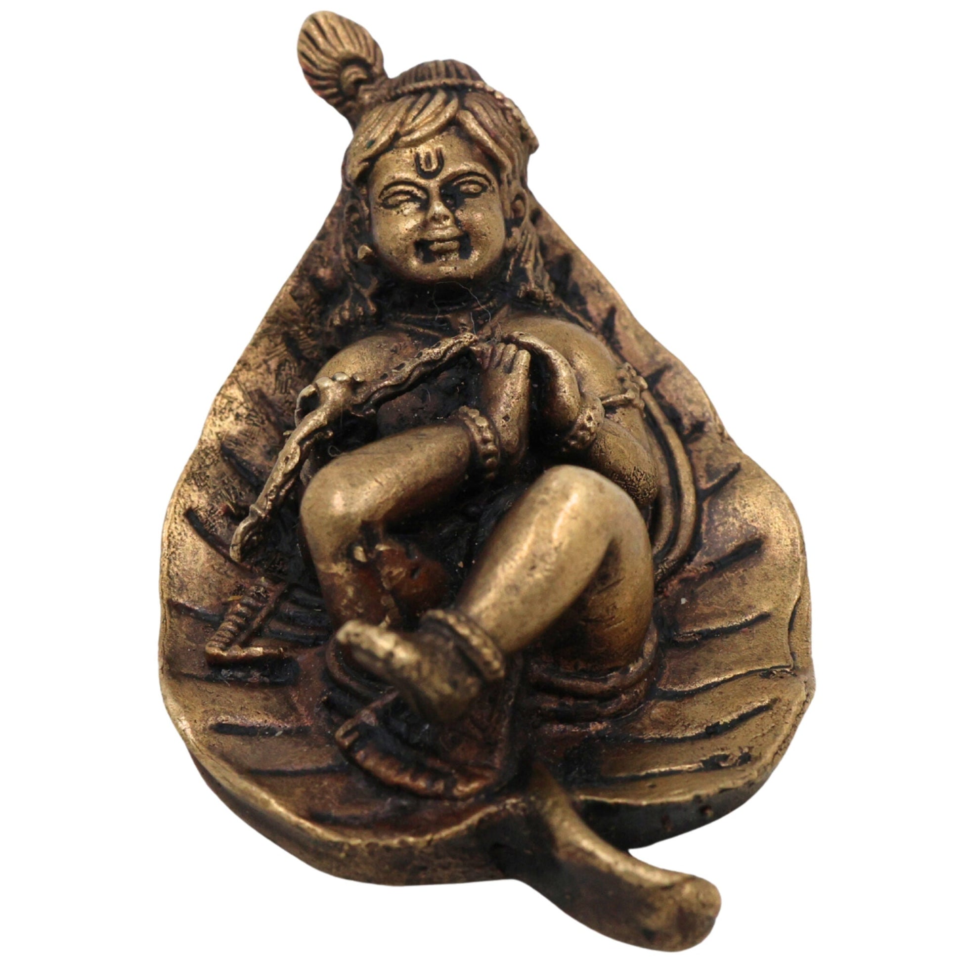 Brass Bal Krishna on Leaf Idol, Peetal Baby Gopala Murti, Handcrafted Govinda Kanha Statue for Pooja Home Decor, Gold, 1 Inch, 1 Piece