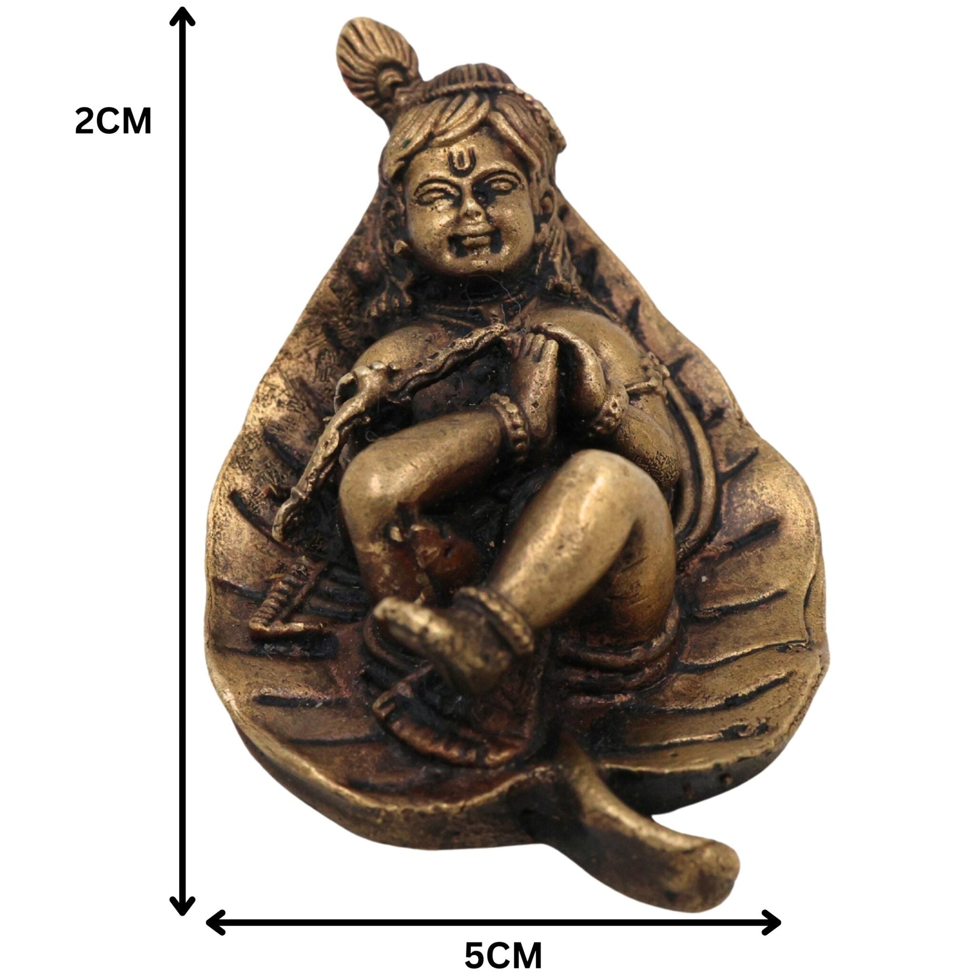 Brass Bal Krishna on Leaf Idol, Peetal Baby Gopala Murti, Handcrafted Govinda Kanha Statue for Pooja Home Decor, Gold, 1 Inch, 1 Piece