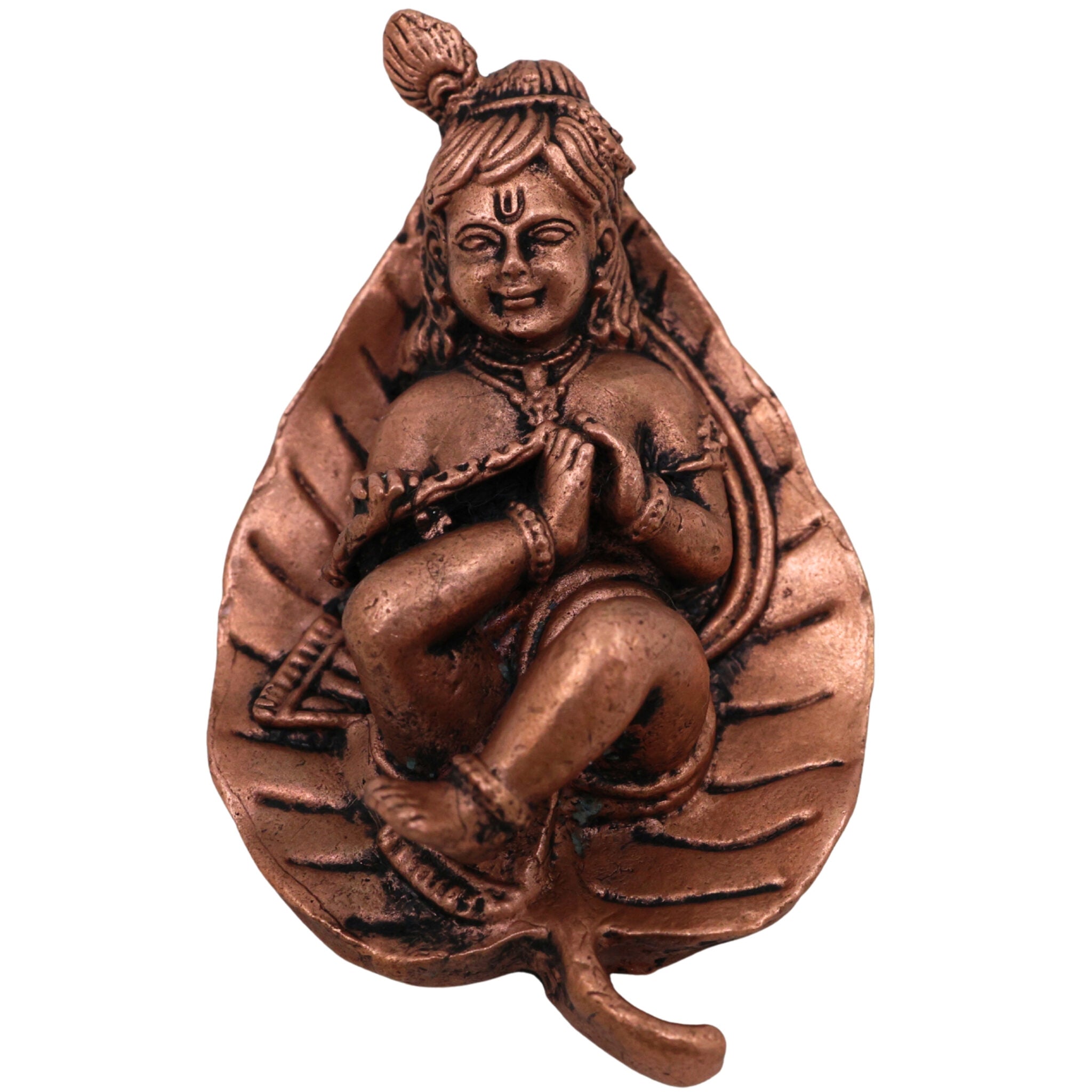 Copper Bal Krishna on Leaf Idol, Handcrafted Tamra Gopala Murti, Pure Tamraloha Baby Krishna Statue for Pooja, Home Decor, Brown, 1 Inch, 1 Piece