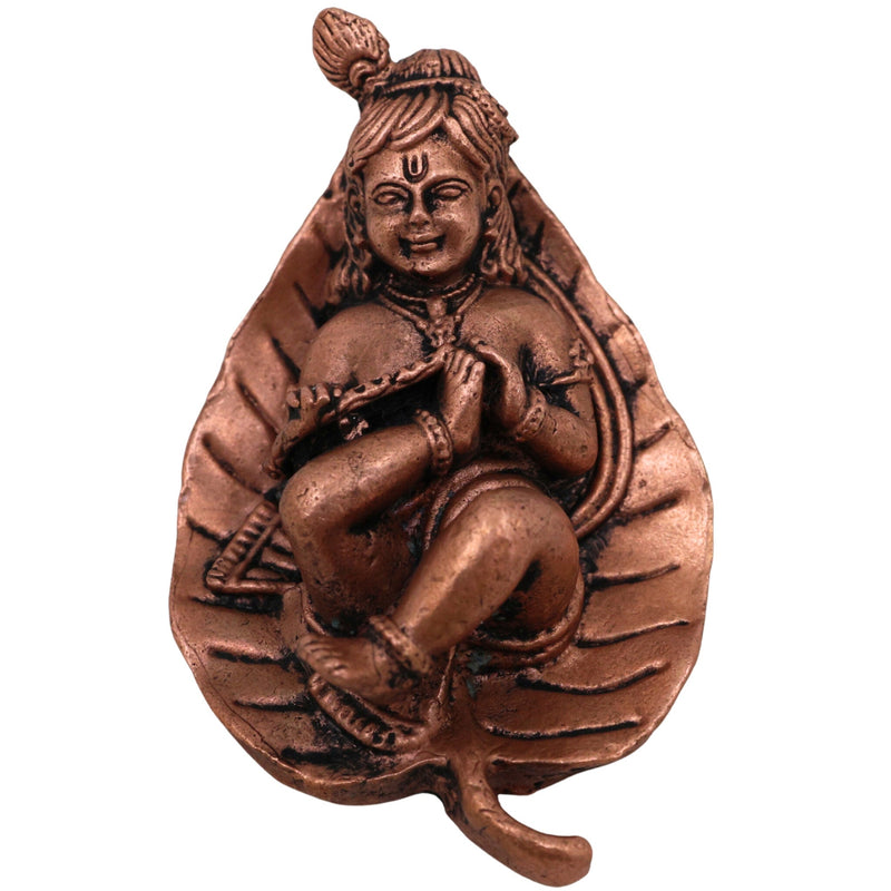 Copper Bal Krishna on Leaf Idol, Handcrafted Tamra Gopala Murti, Pure Tamraloha Baby Krishna Statue for Pooja, Home Decor, Brown, 1 Inch, 1 Piece