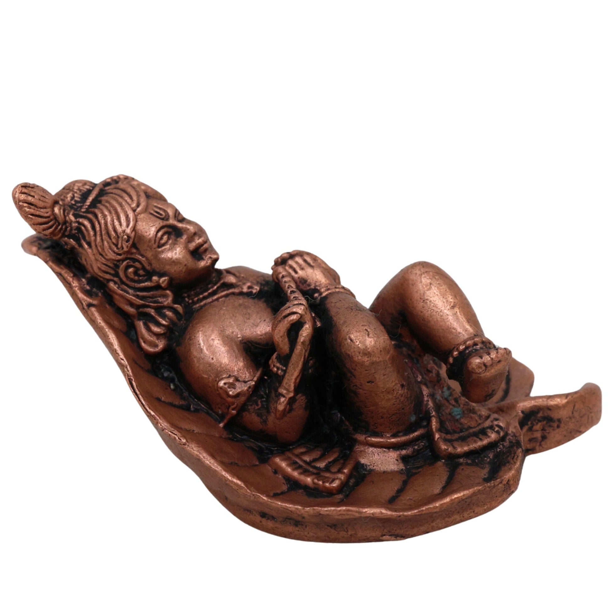 Copper Bal Krishna on Leaf Idol, Handcrafted Tamra Gopala Murti, Pure Tamraloha Baby Krishna Statue for Pooja, Home Decor, Brown, 1 Inch, 1 Piece