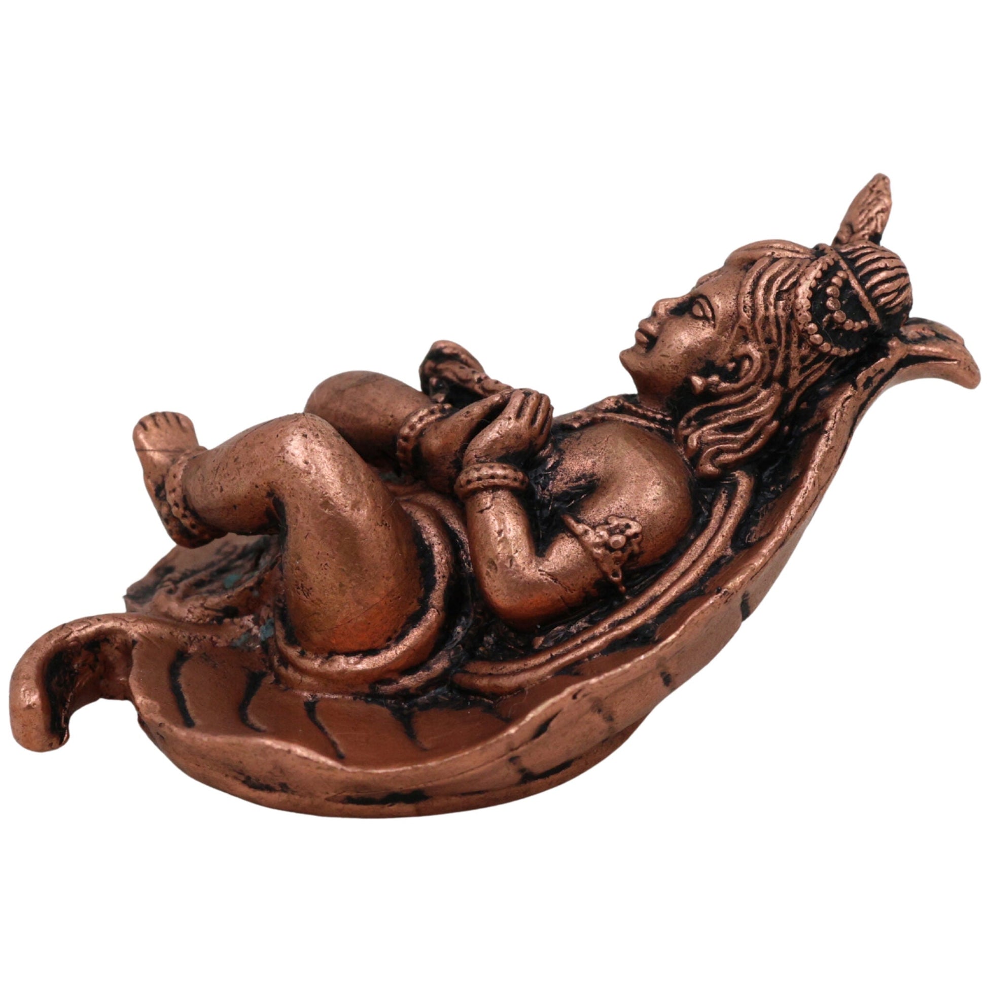 Copper Bal Krishna on Leaf Idol, Handcrafted Tamra Gopala Murti, Pure Tamraloha Baby Krishna Statue for Pooja, Home Decor, Brown, 1 Inch, 1 Piece