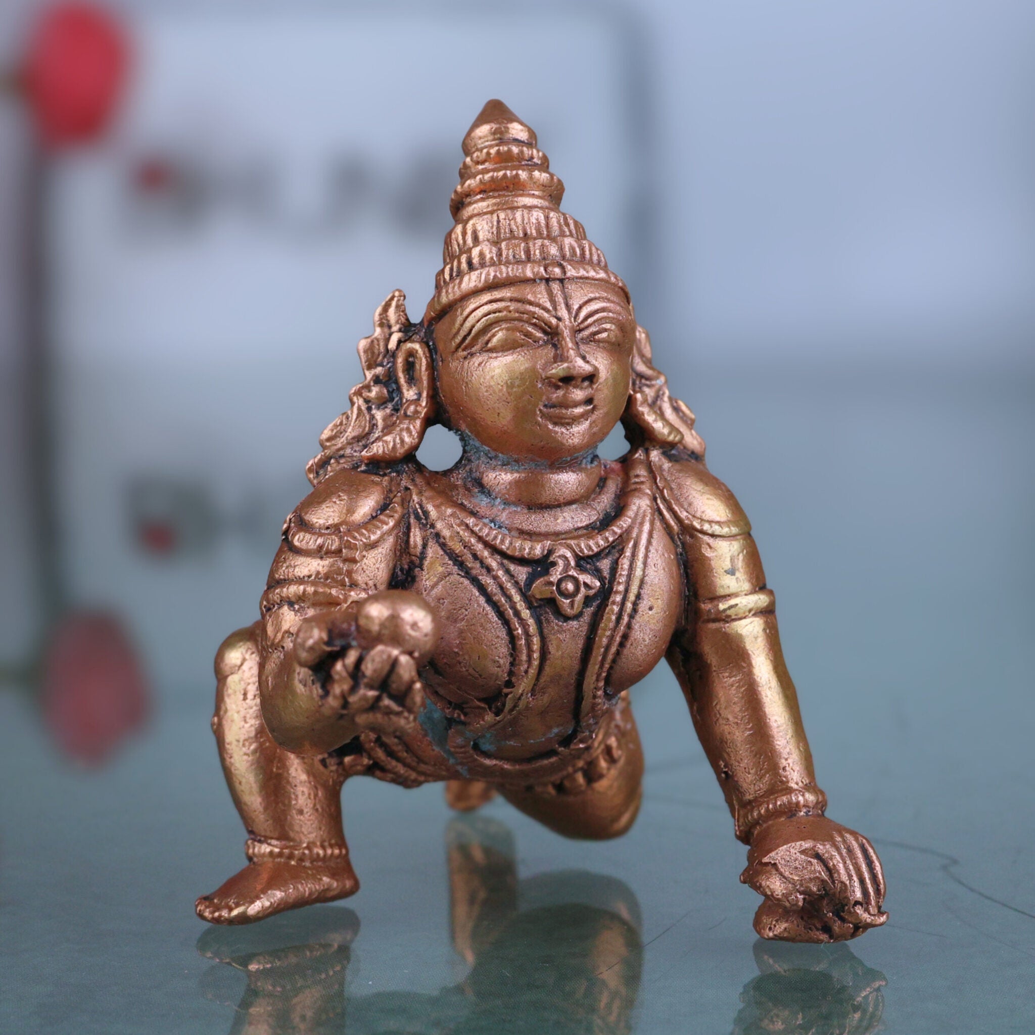 Copper Bala Krishna Idol, Tamra Laddu Gopal Murti, Makhan Chor Gopala Statue, Tamraloha Kanha Idol for Pooja, Home Decor & Gifts, Brown, 2.5 Inch, 1 Piece